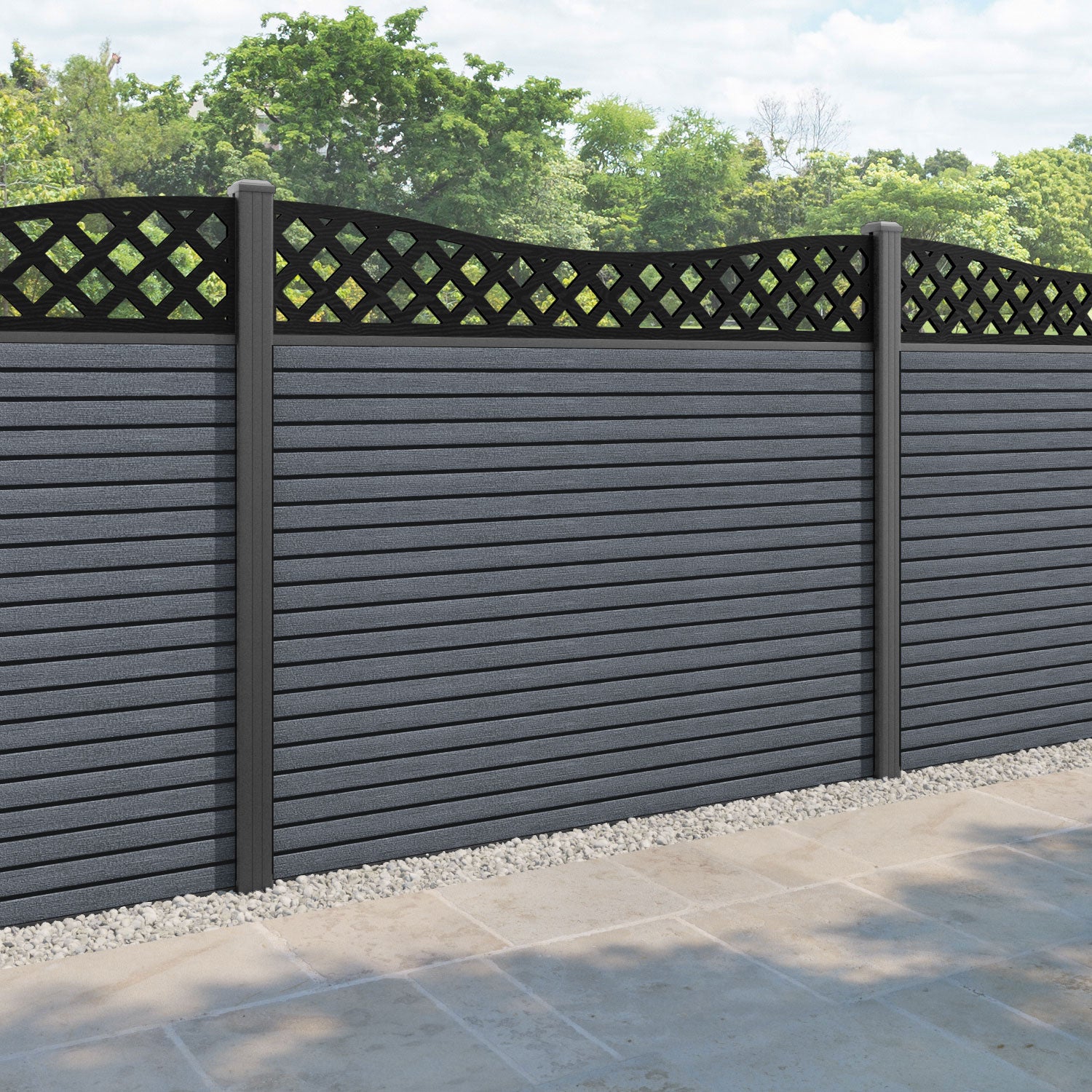 Hudson Low Wave Curved Top Fence Panel - Anthracite - with our aluminium posts