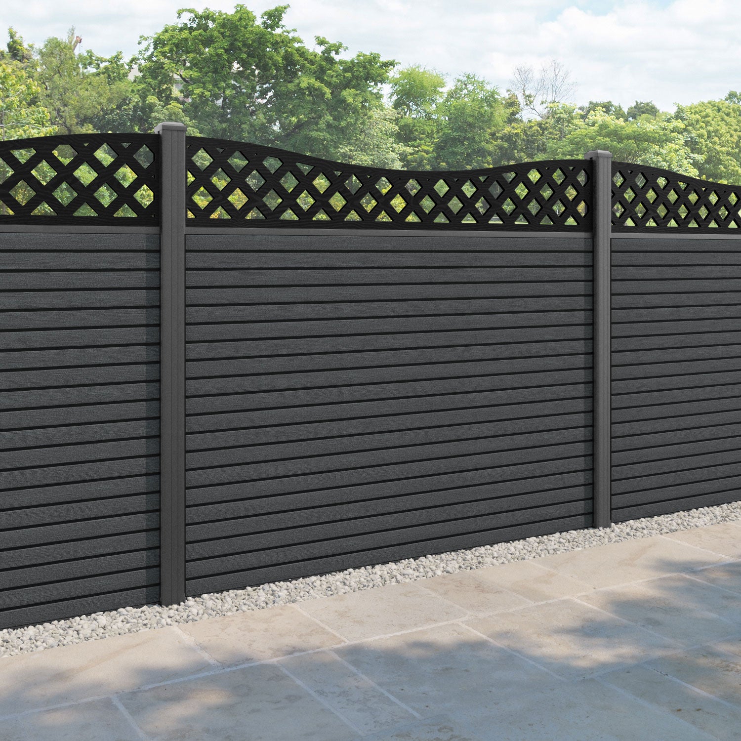 Hudson Low Wave Fence Panel - Dark Grey - with our aluminium posts