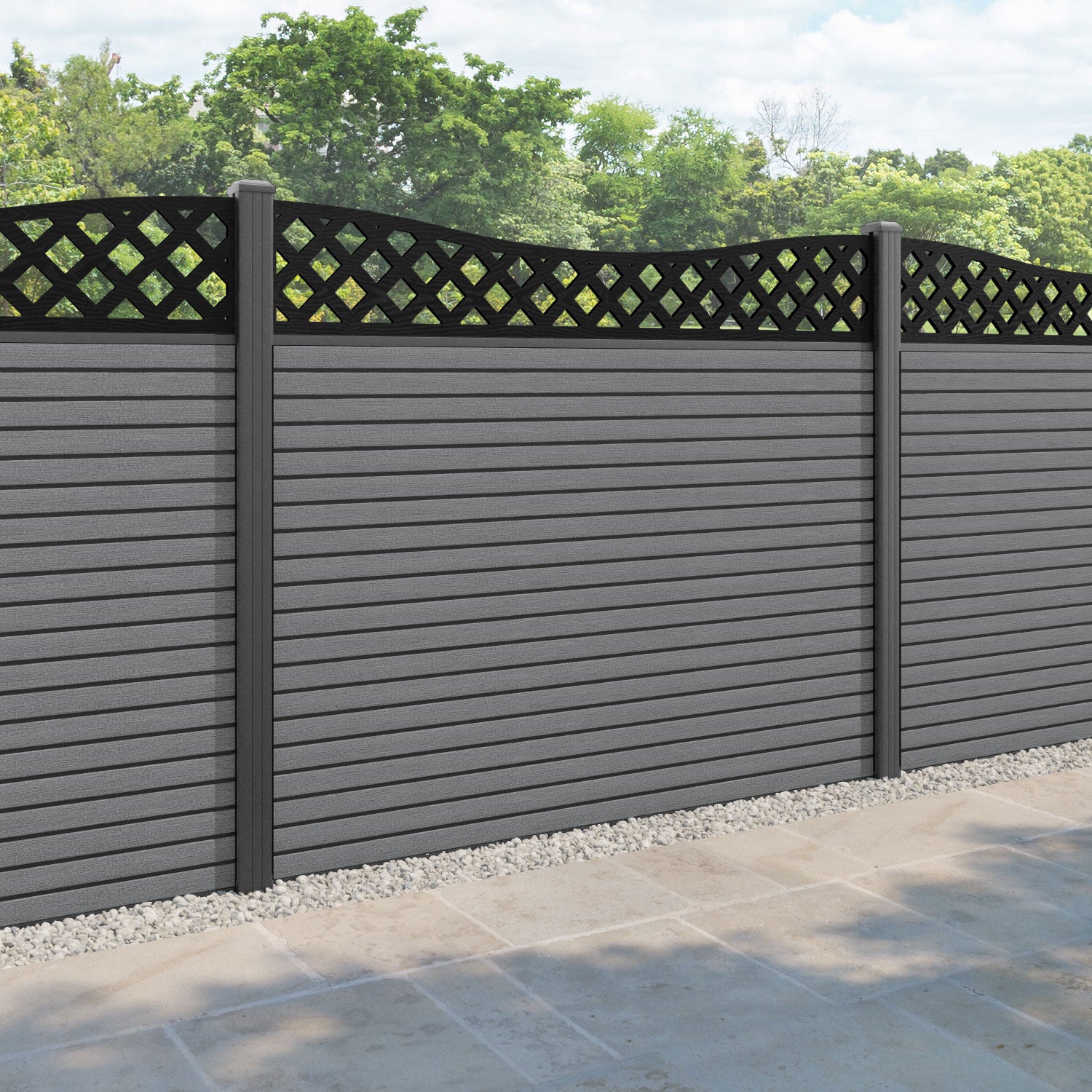Hudson Low Wave Fence Panel - Mid Grey - with our aluminium posts