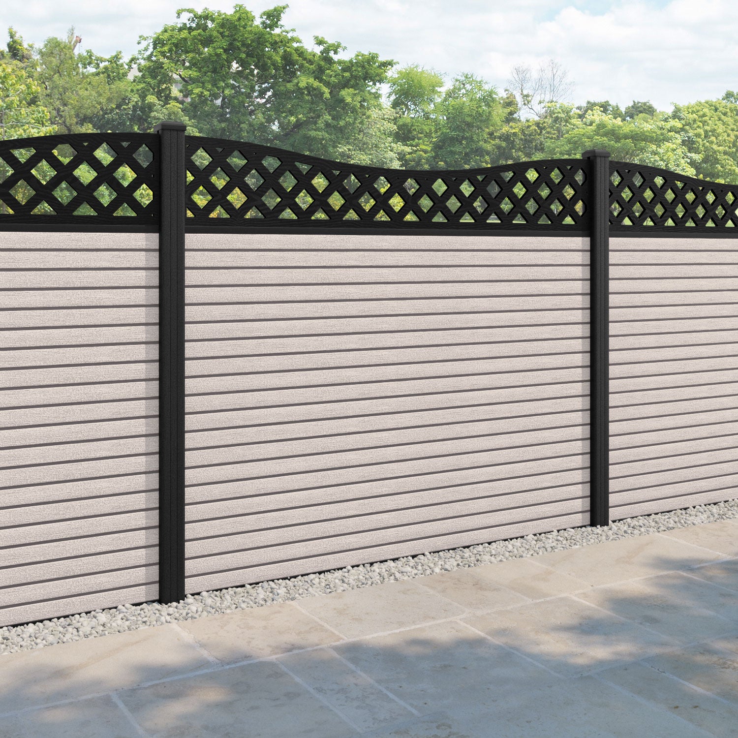 Hudson Low Wave Curved Top Fence Panel - Mid Stone - with our composite posts