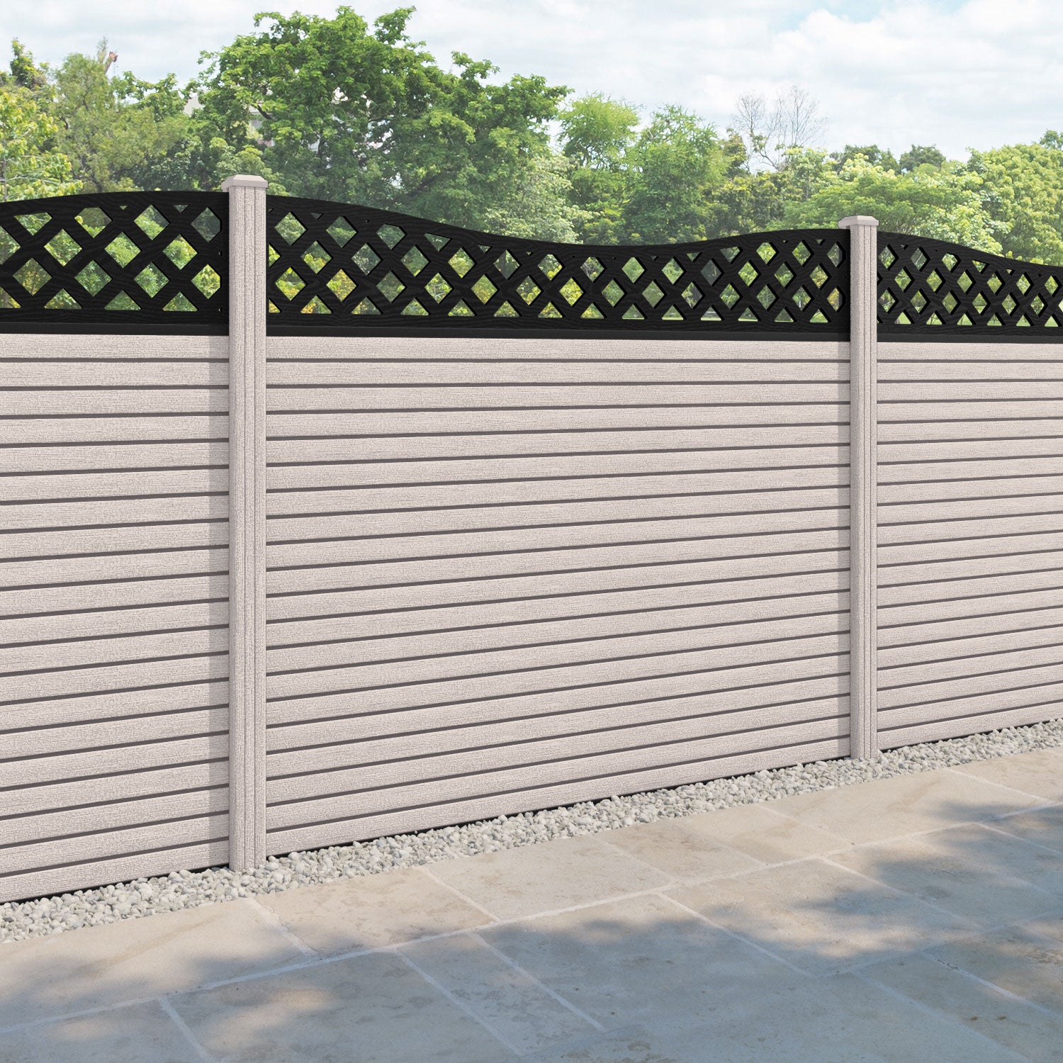 Hudson Low Wave Curved Top Fence Panel - Mid Stone - with our composite posts