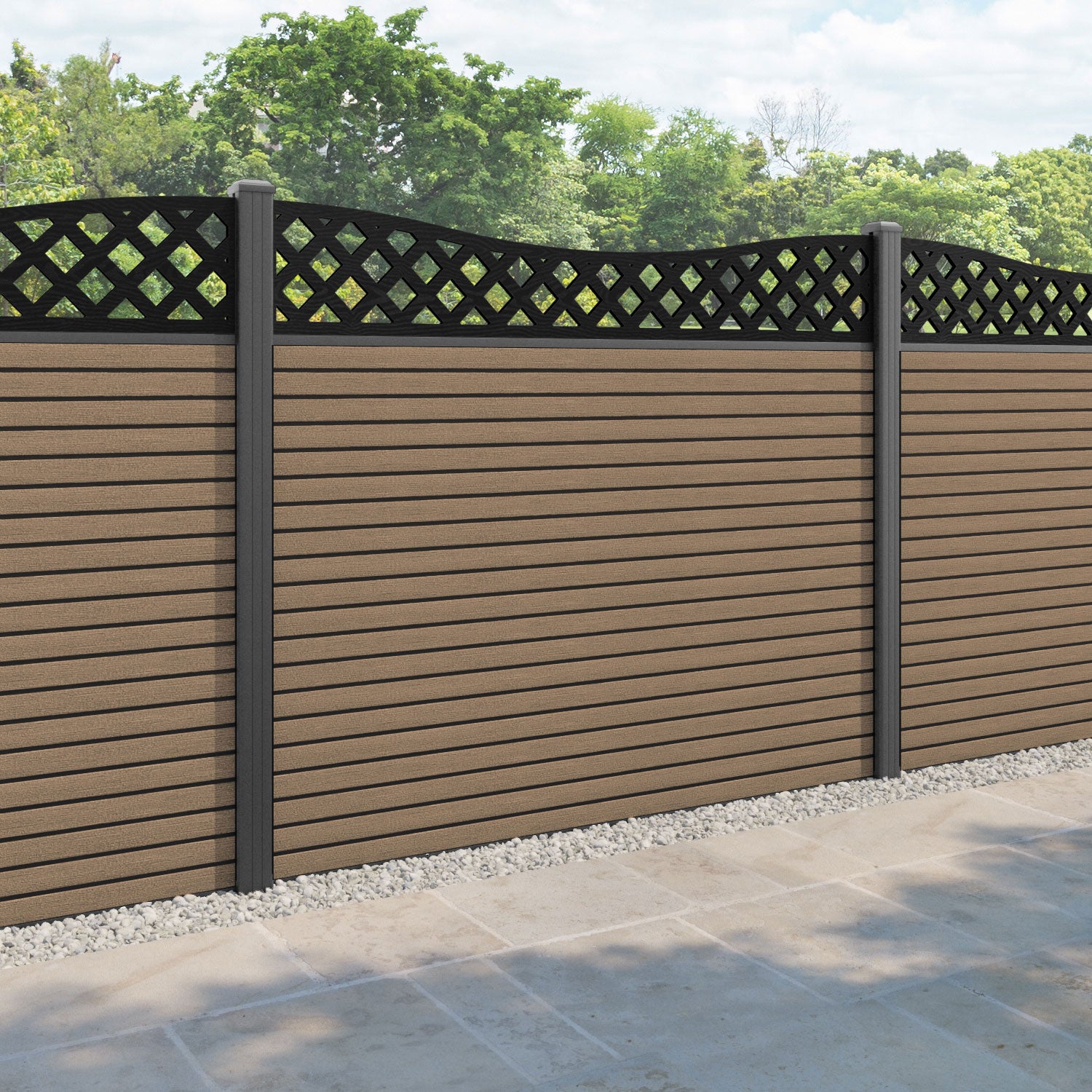 Hudson Low Wave Fence Panel - Teak - with our aluminium posts