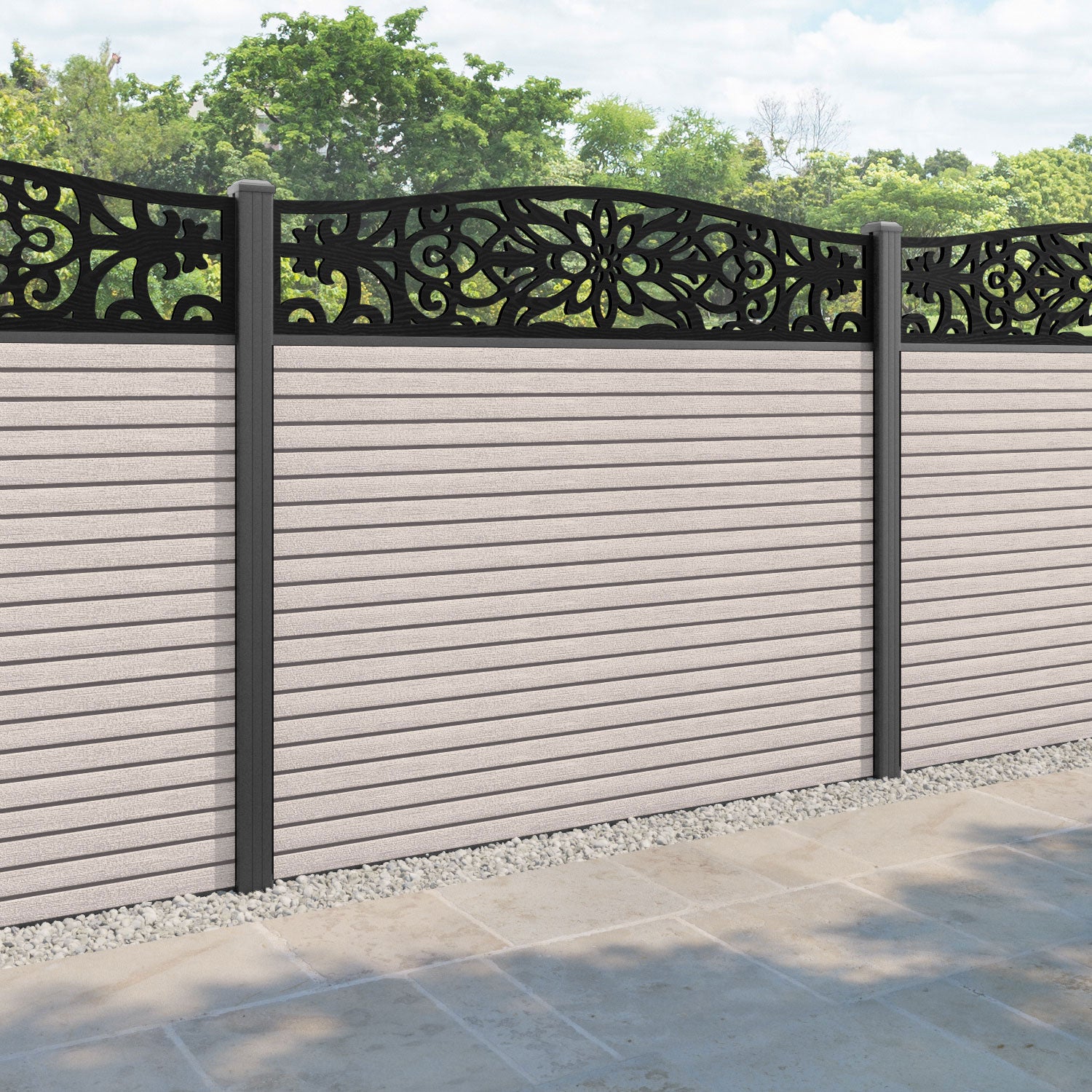 Hudson Windsor Curved Top Fence Panel - Mid Stone - with our aluminium posts