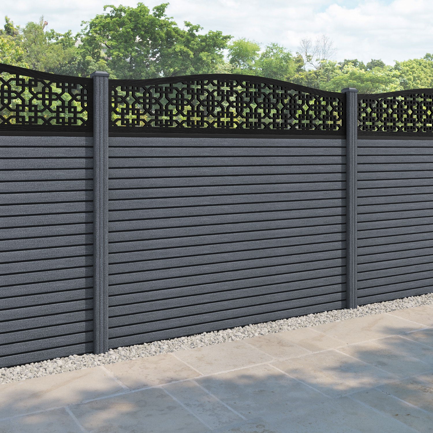 Hudson Zaria Curved Top Fence Panel - Anthracite - with our composite posts