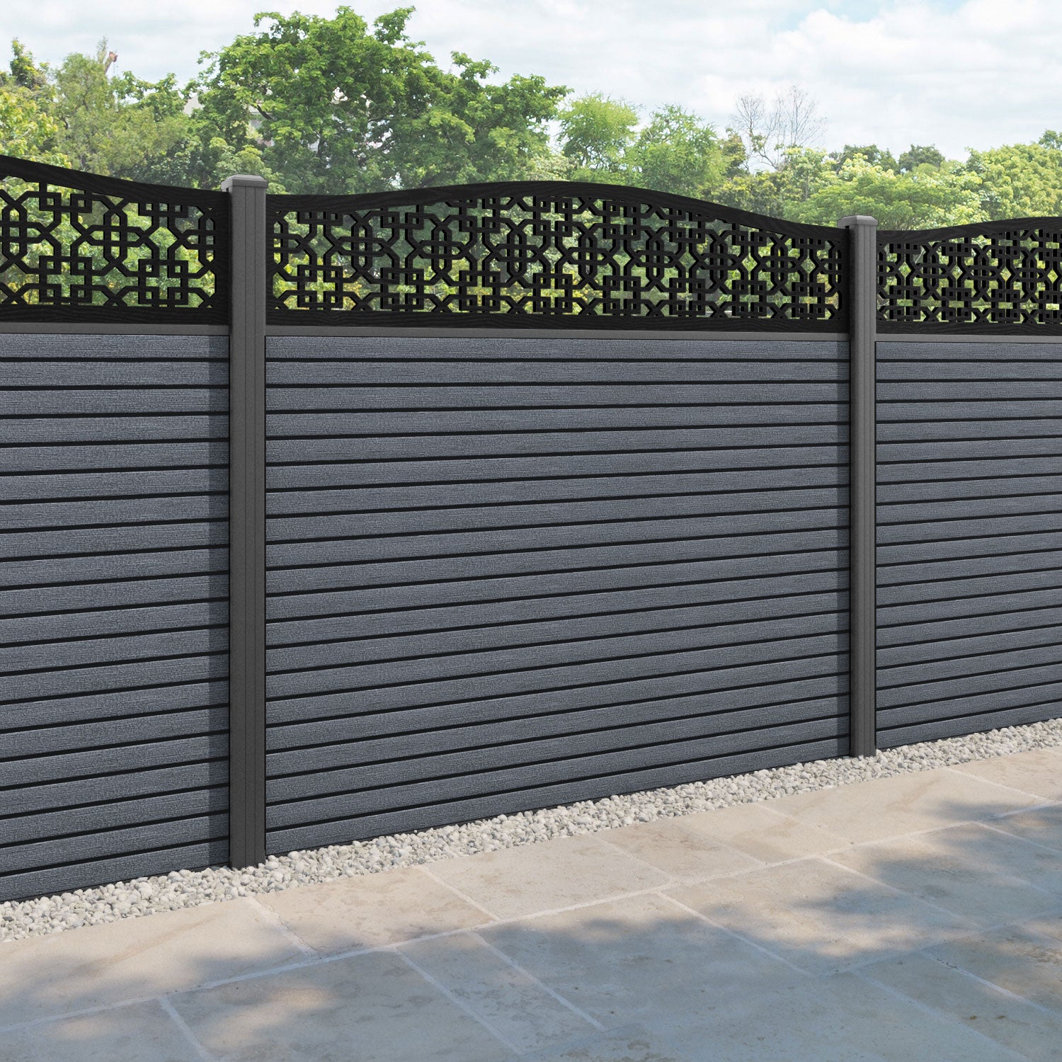 Hudson Zaria Curved Top Fence Panel - Anthracite - with our aluminium posts