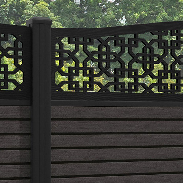 Hudson Zaria Curved Top Fence Panel - Dark Oak - with our aluminium posts