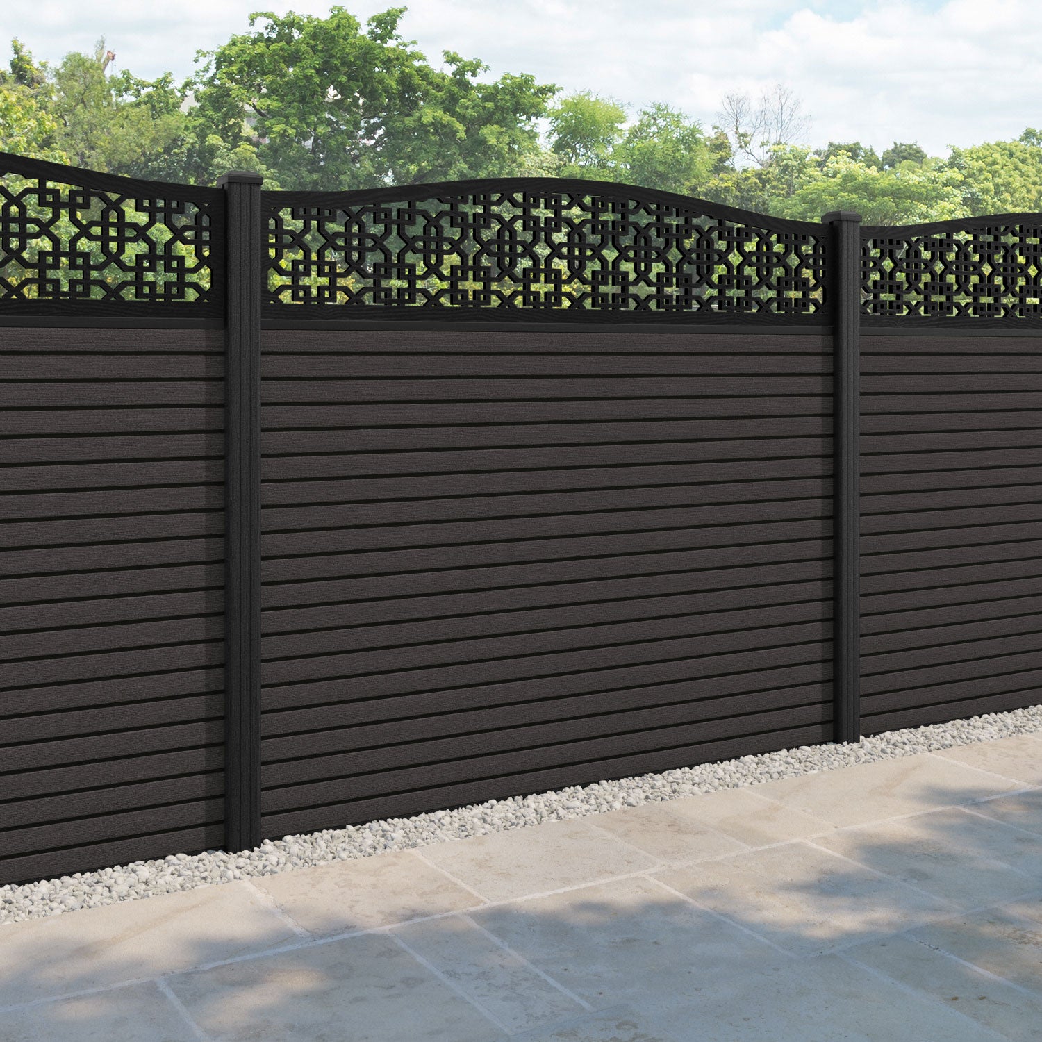 Hudson Zaria Curved Top Fence Panel - Dark Oak - with our composite posts