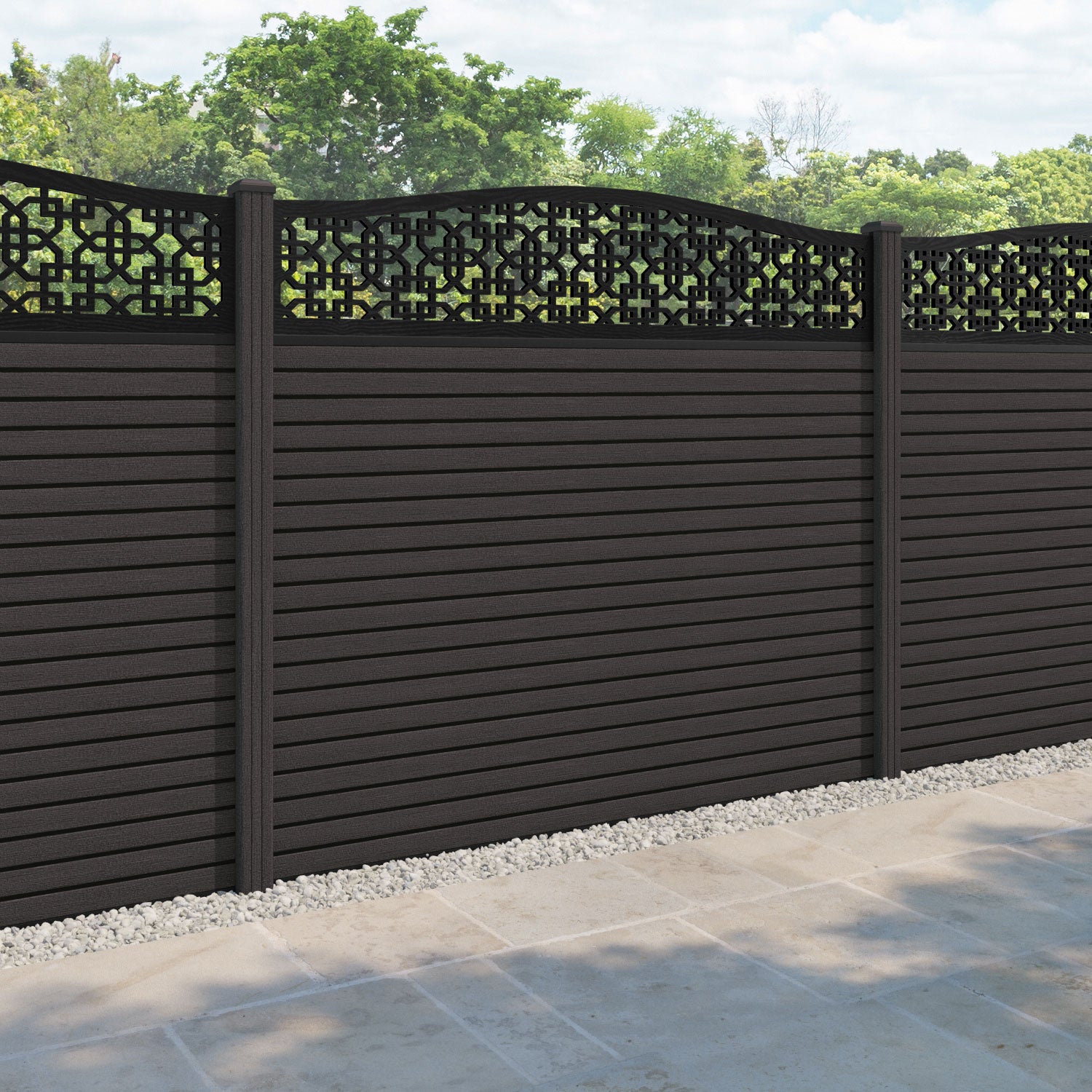 Hudson Zaria Curved Top Fence Panel - Dark Oak - with our composite posts