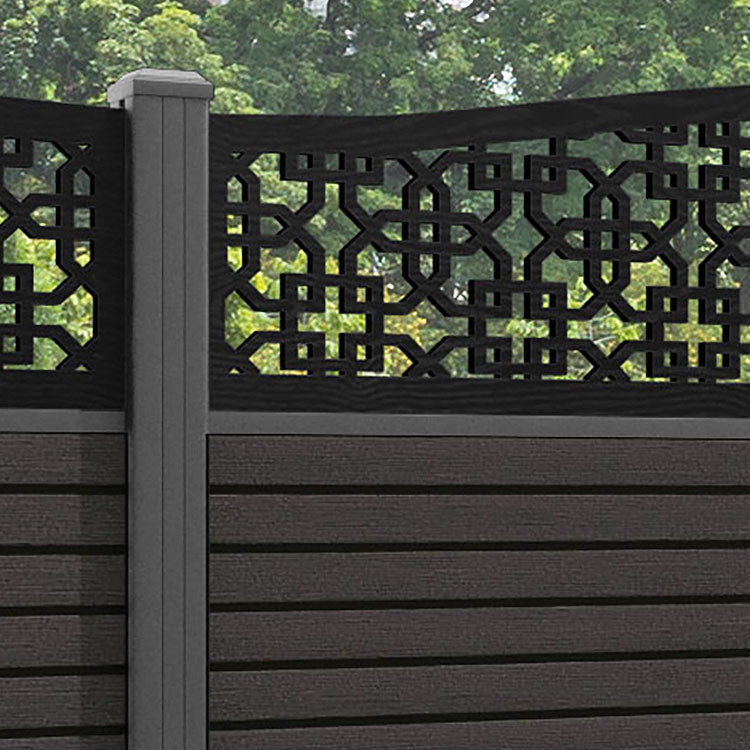 Hudson Zaria Curved Top Fence Panel - Dark Oak - with our aluminium posts