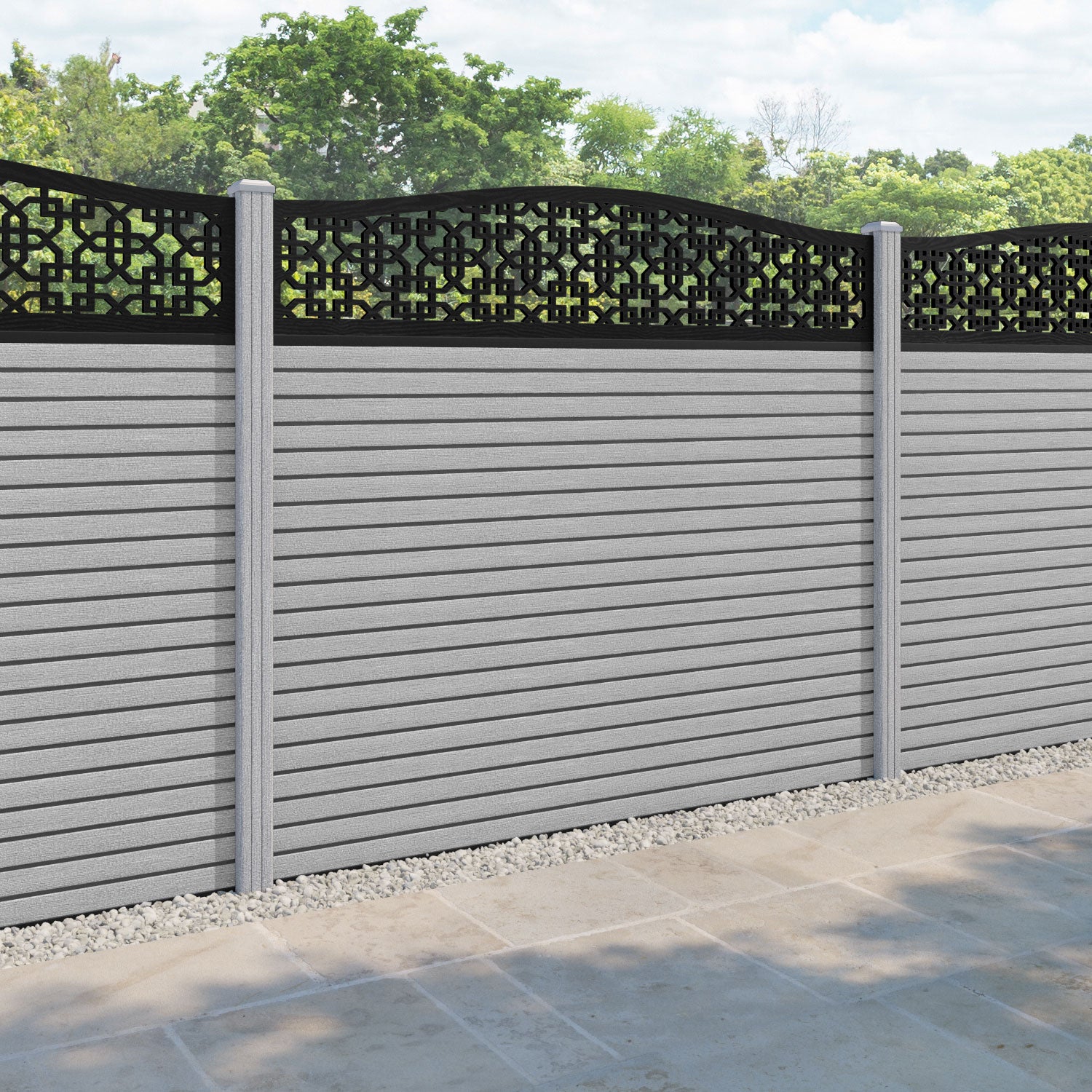 Hudson Zaria Curved Top Fence Panel - Light Grey - with our composite posts
