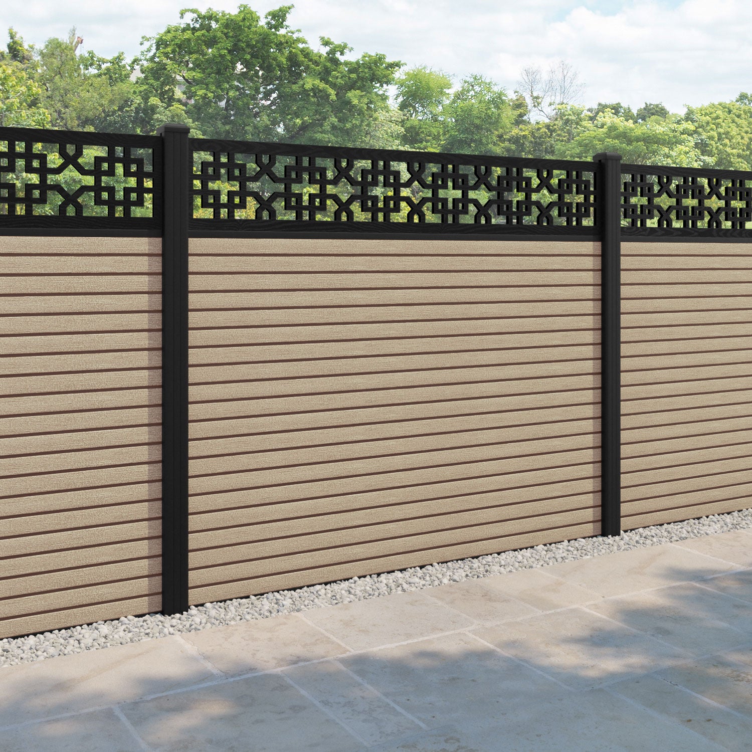 Hudson Zaria Fence Panel - Light Oak - with our aluminium posts