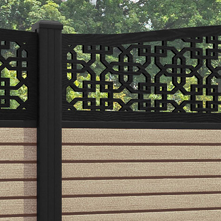 Hudson Zaria Curved Top Fence Panel - Light Oak - with our aluminium posts