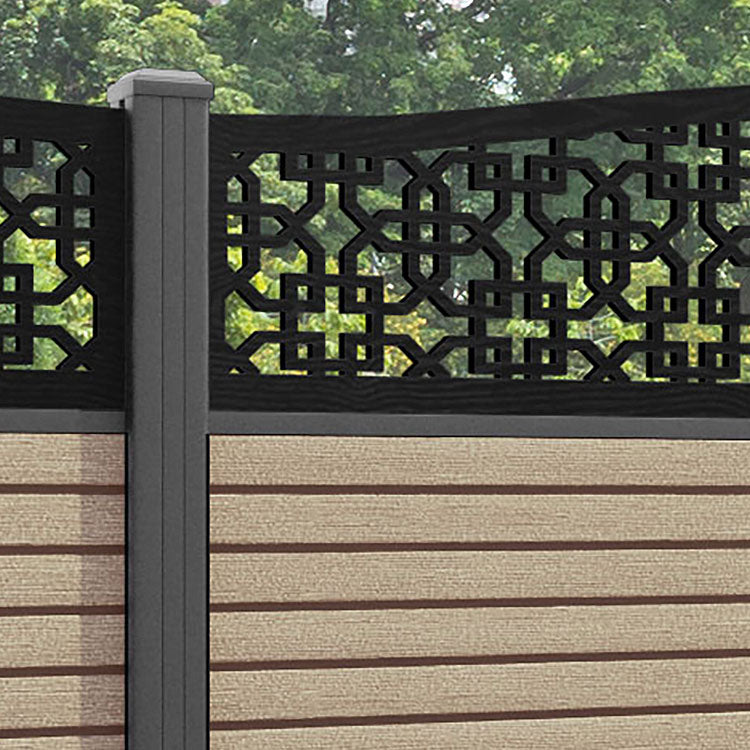 Hudson Zaria Curved Top Fence Panel - Light Oak - with our aluminium posts