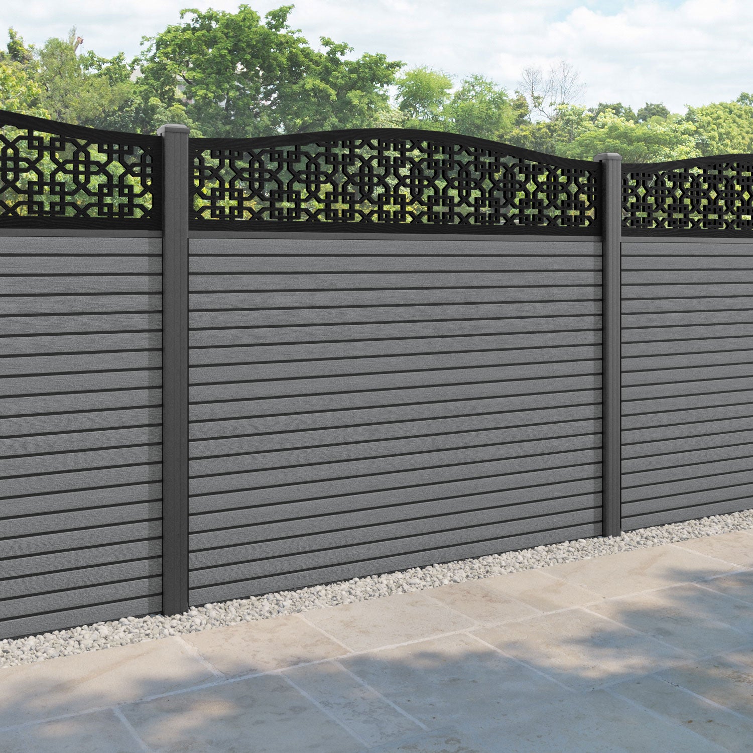 Hudson Zaria Curved Top Fence Panel - Mid Grey - with our aluminium posts