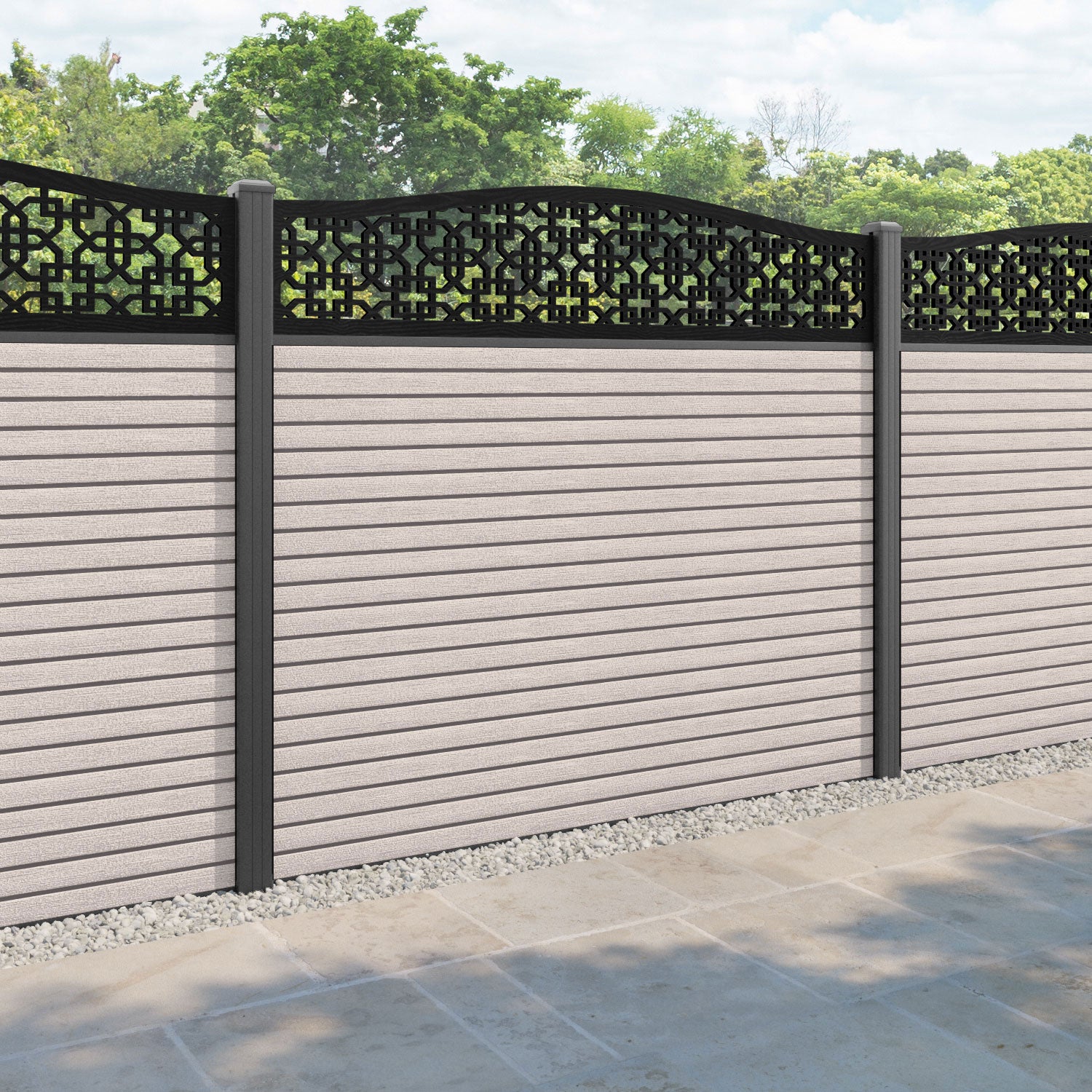 Hudson Zaria Curved Top Fence Panel - Mid Stone - with our aluminium posts