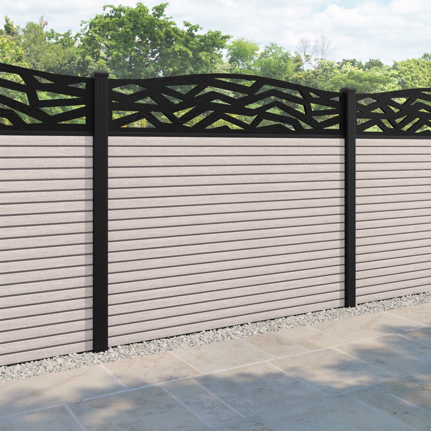 Hudson Zenith Curved Top Fence Panel - Mid Stone - with our aluminium posts