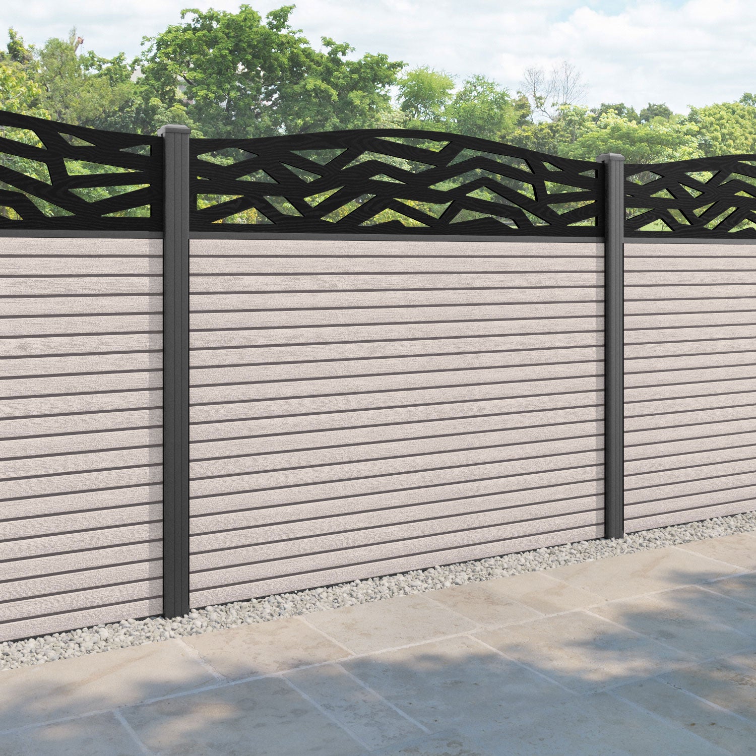 Hudson Zenith Curved Top Fence Panel - Mid Stone - with our aluminium posts