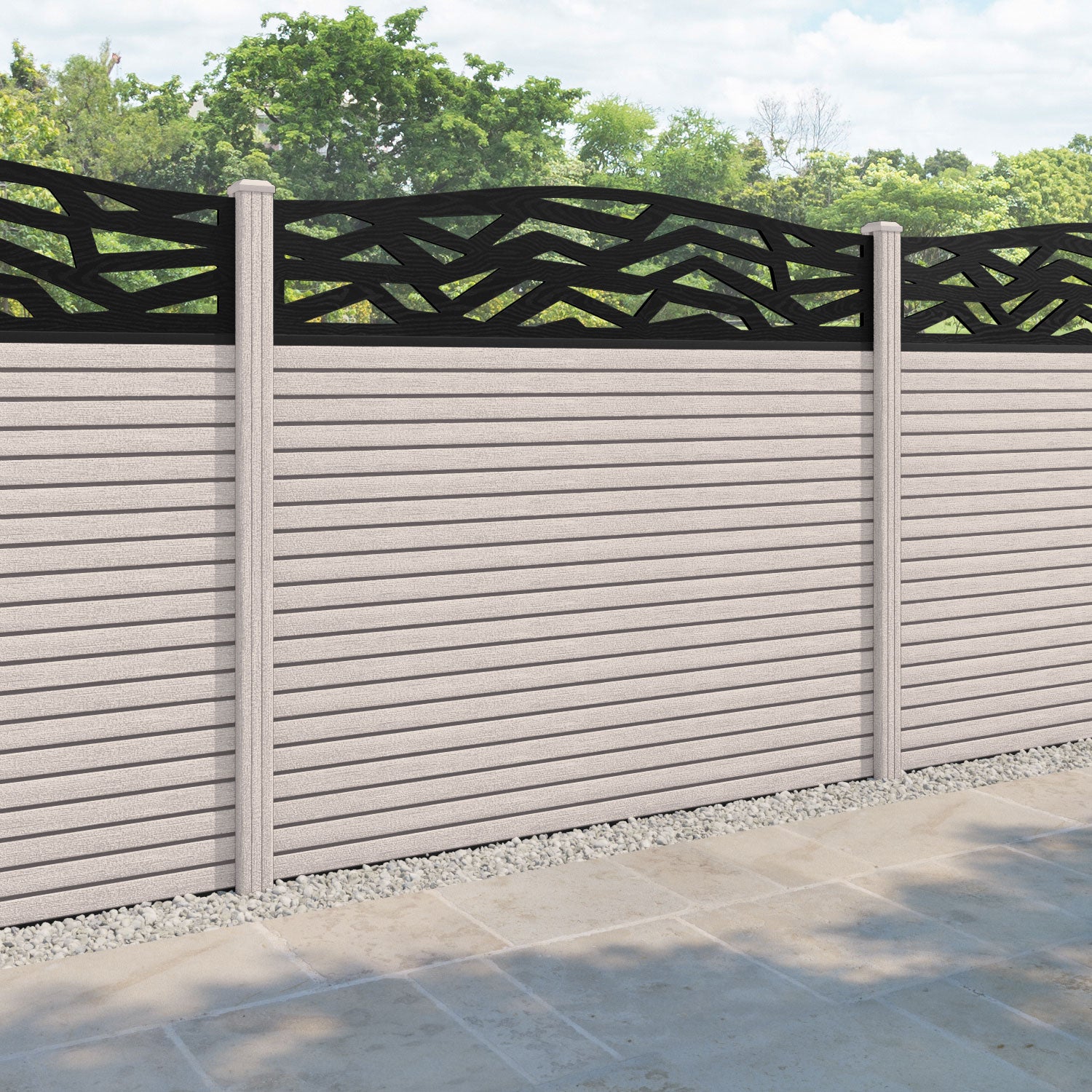 Hudson Zenith Curved Top Fence Panel - Mid Stone - with our composite posts