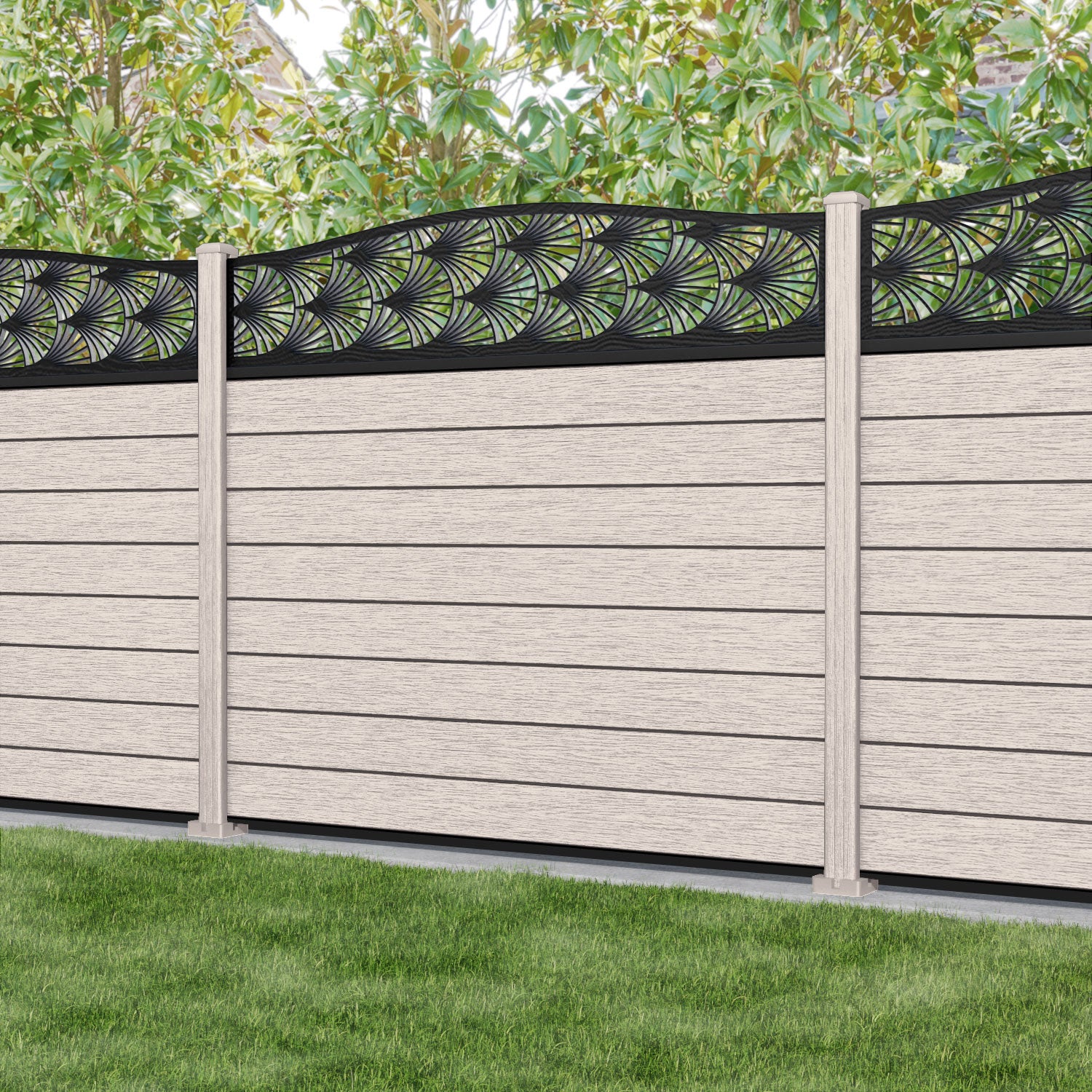 Fusion Laurel Curved Top Fence Panel - Mid Stone - with our composite posts