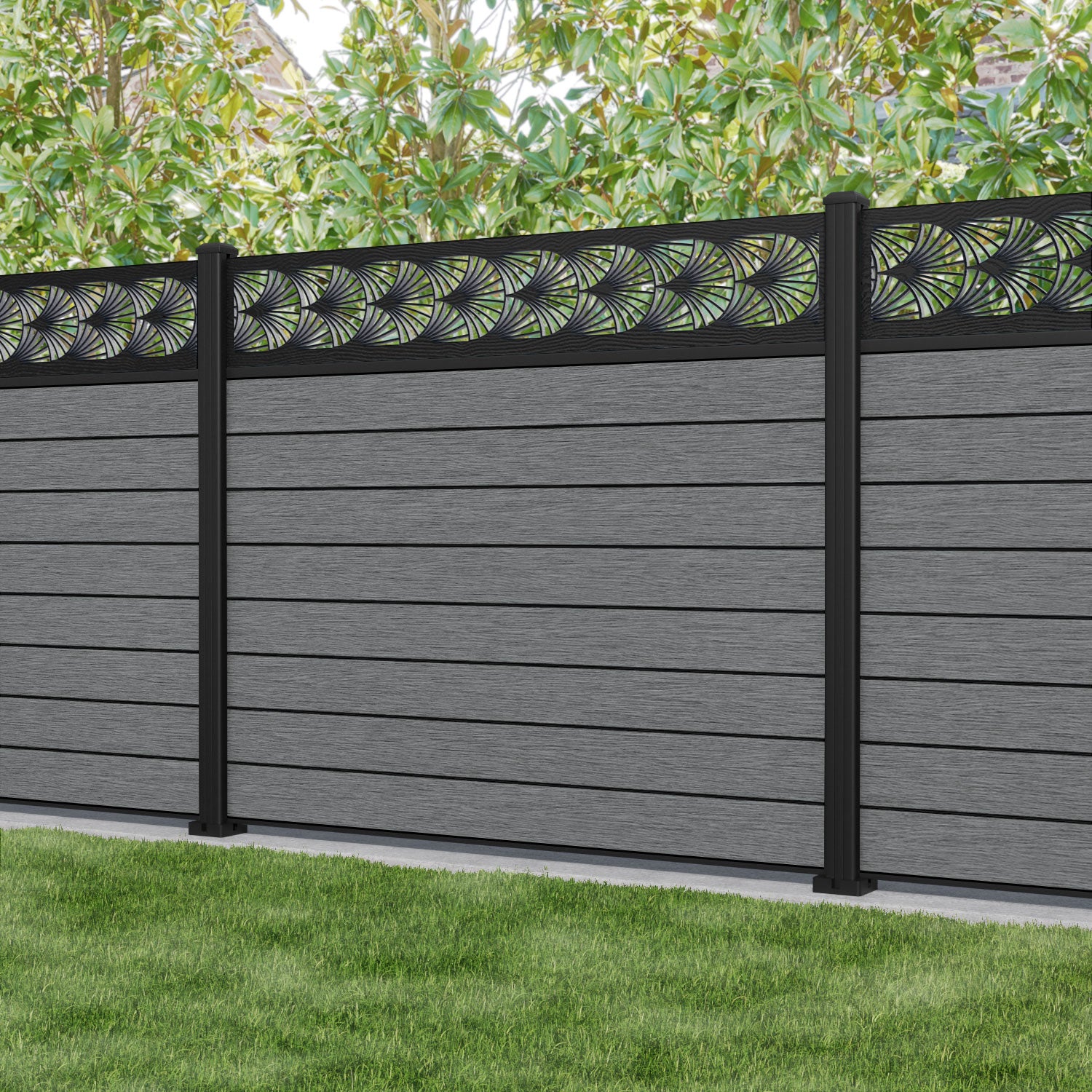 Fusion Laurel Fence Panel - Mid Grey - with our aluminium posts