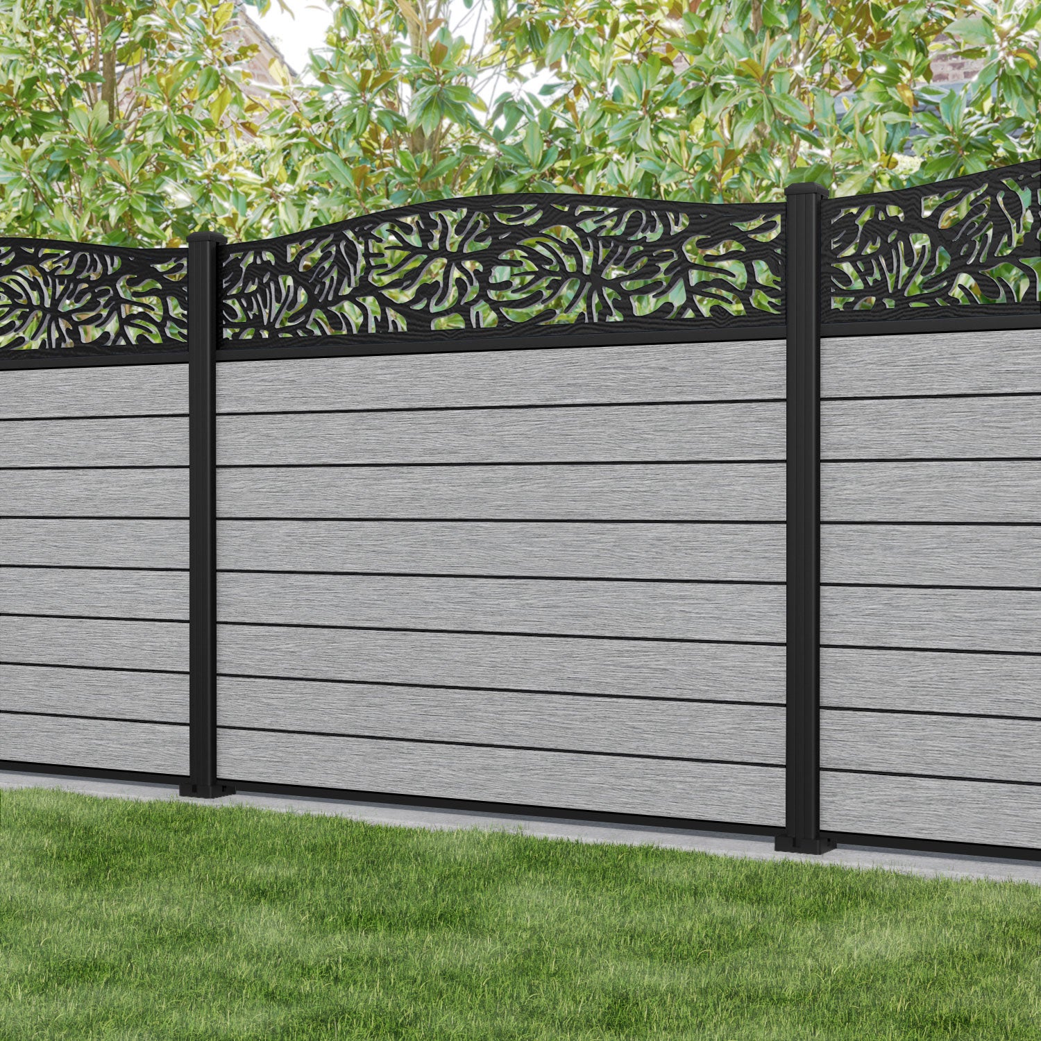 Fusion Botanic Curved Top Fence Panel - Light Grey - with our aluminium posts