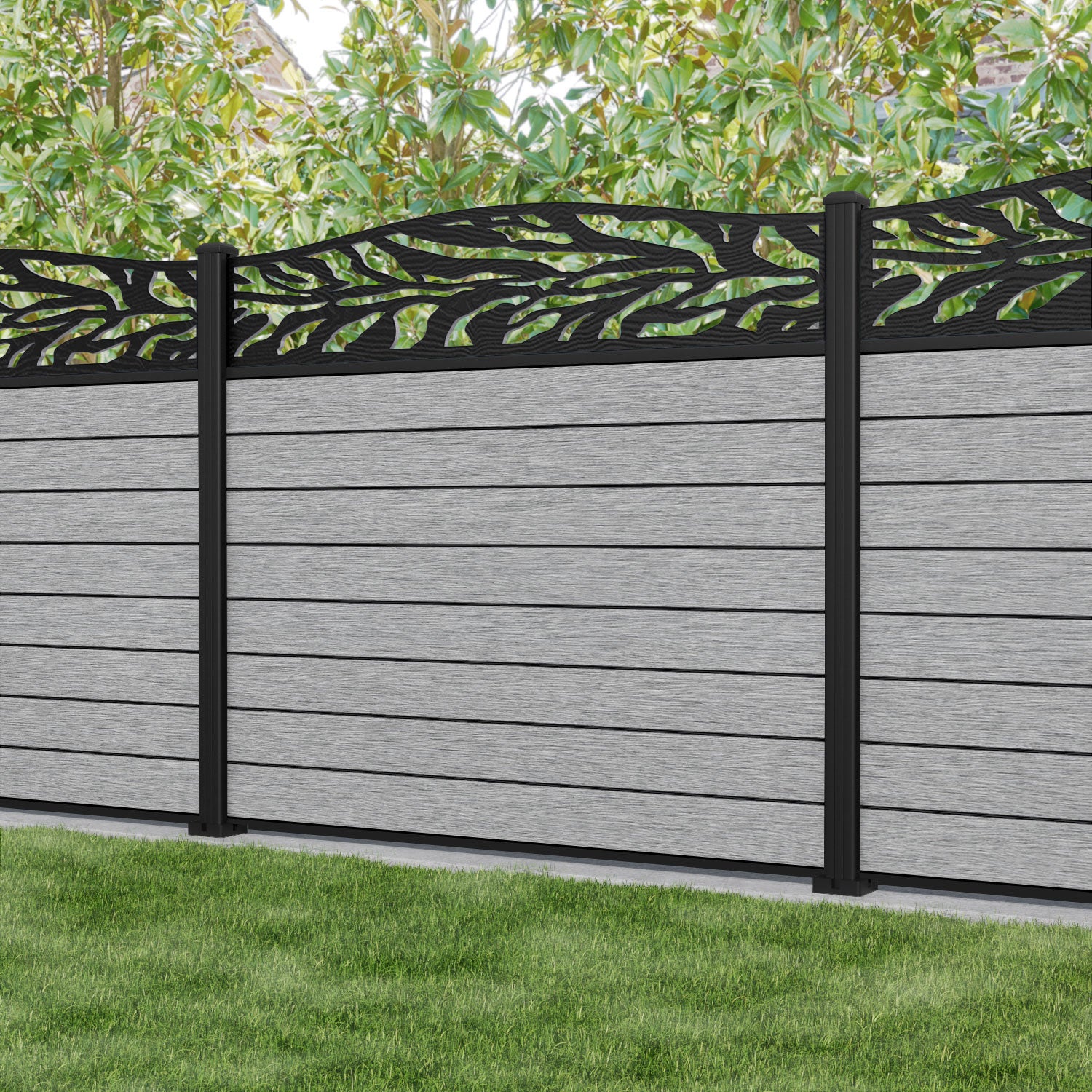 Fusion Malawi Curved Top Fence Panel - Light Grey - with our aluminium posts