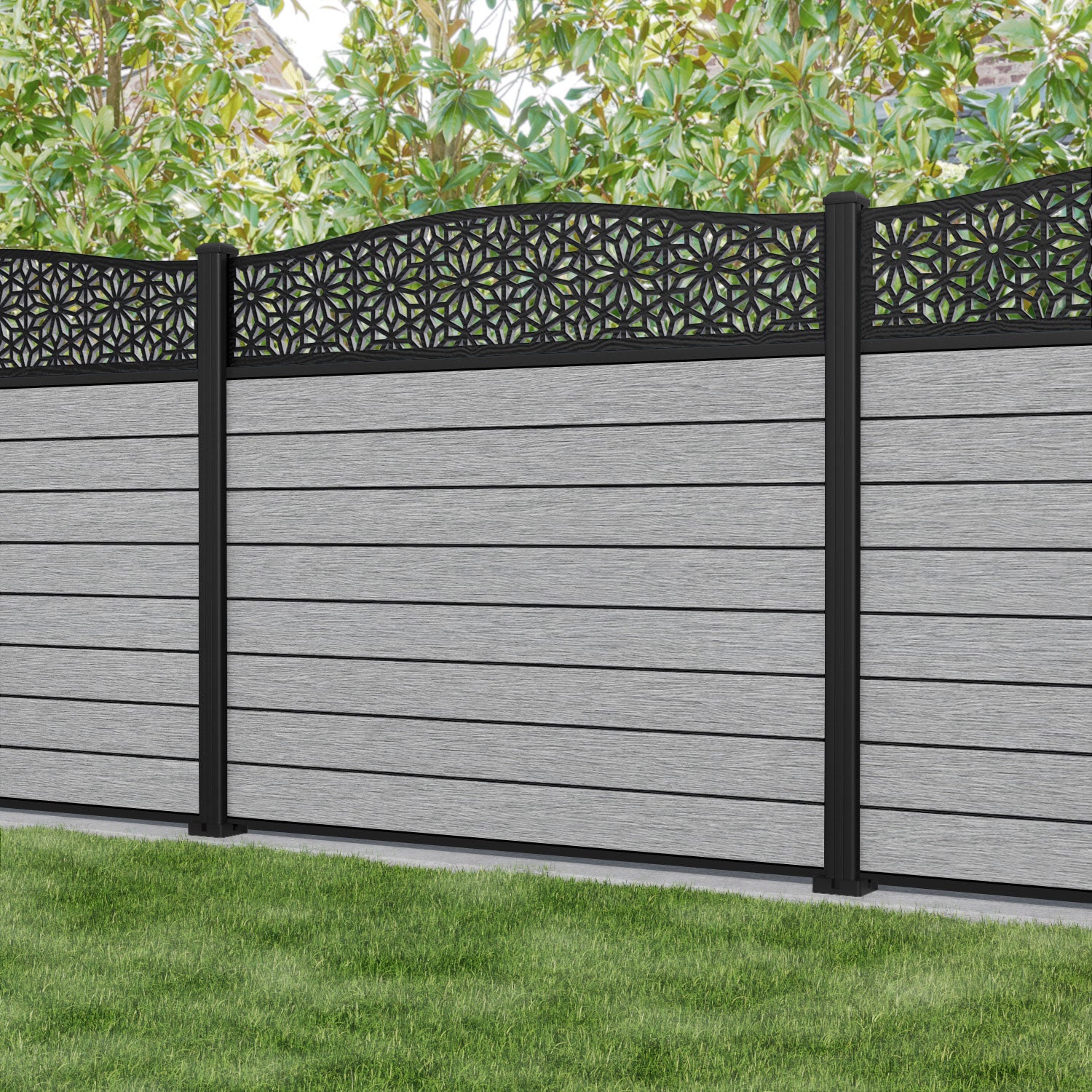 Fusion Narwa Curved Top Fence Panel - Light Grey - with our aluminium posts
