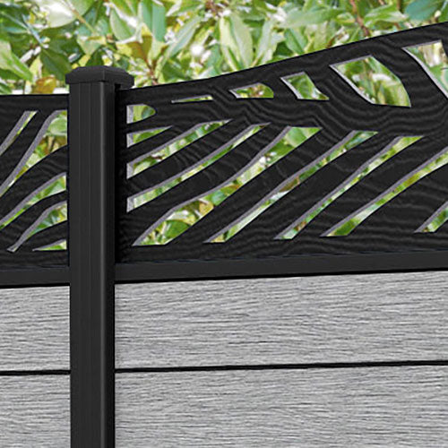 Fusion Palm Curved Top Fence Panel - Light Grey - with our aluminium posts
