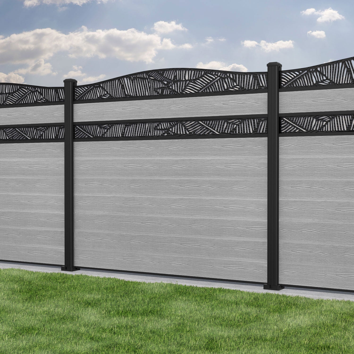 Classic Feather Curved Top Split Screen Fence Panel - Light Grey - with our aluminium posts