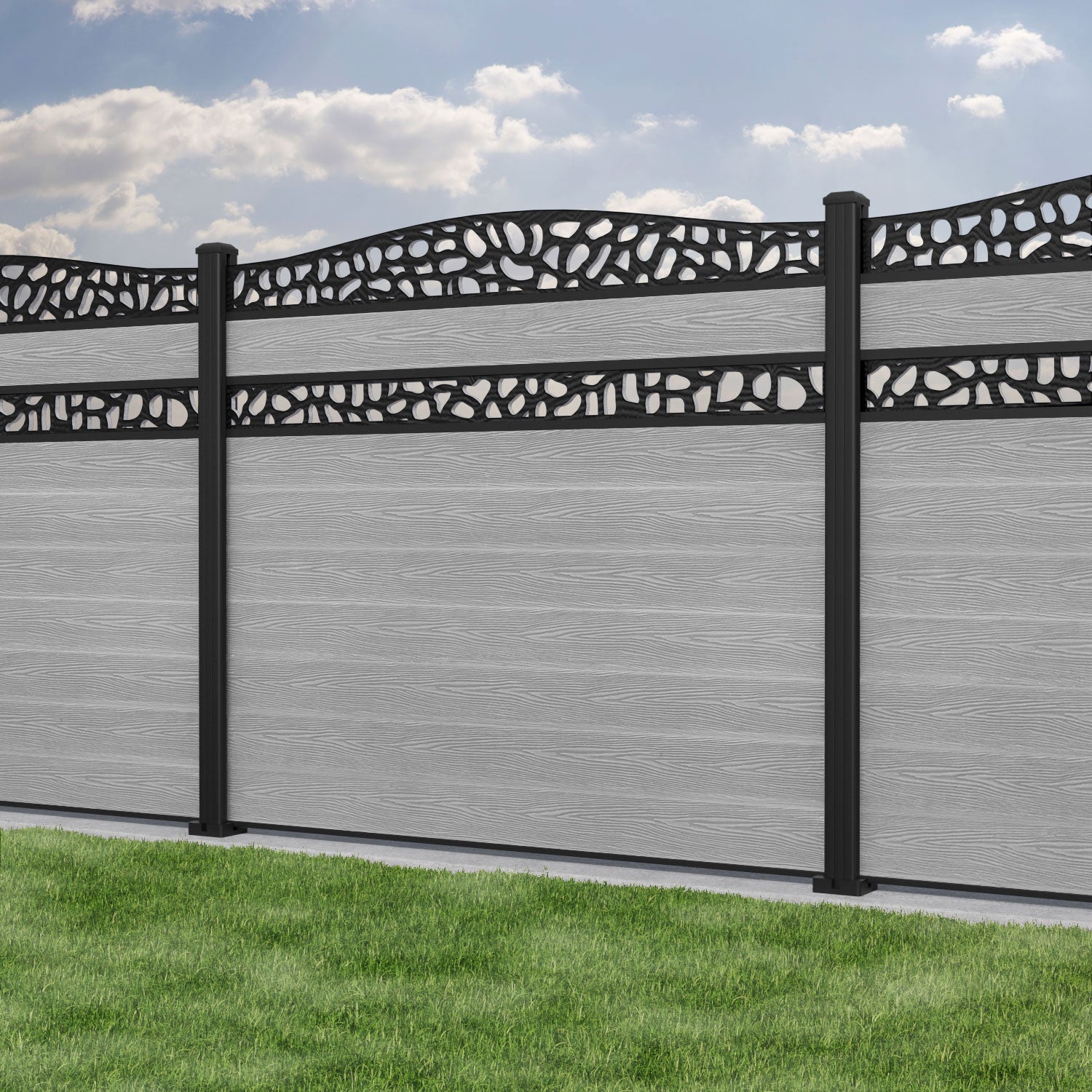 Classic Pebble Curved Top Split Screen Fence Panel - Light Grey - with our aluminium posts