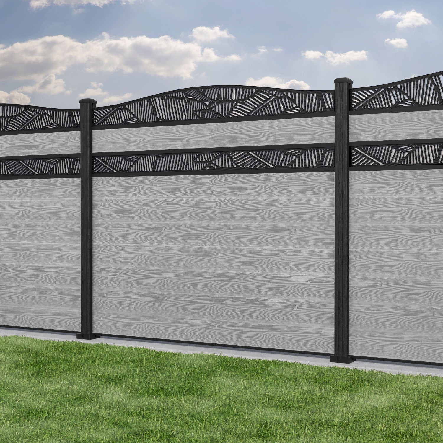 Classic Feather Curved Top Split Screen Fence Panel - Light Grey - with our composite posts