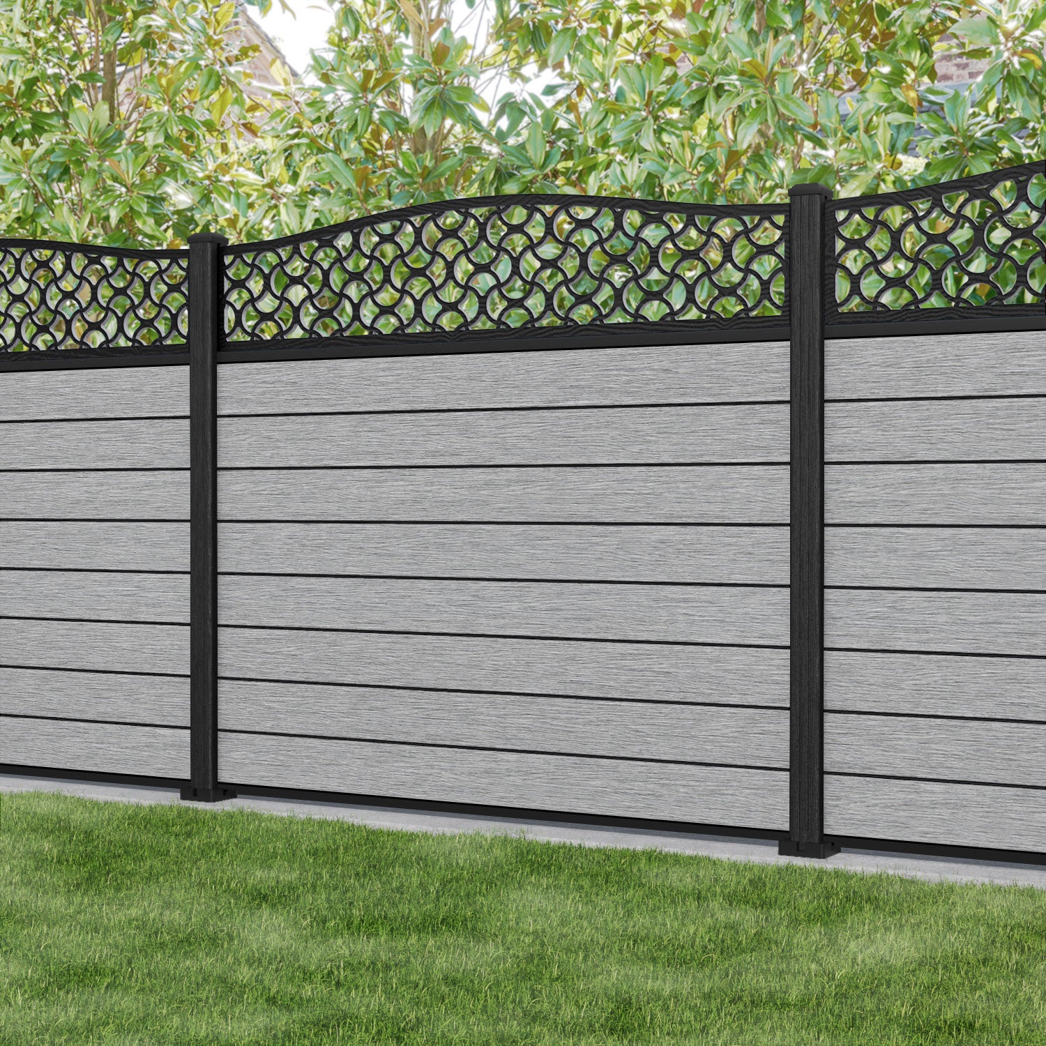 Fusion Vida Curved Top Fence Panel - Light Grey - with our composite posts