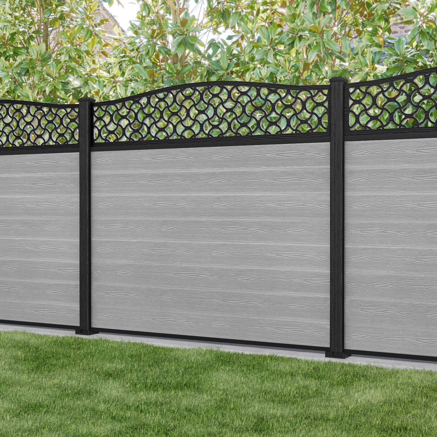 Classic Vida Curved Top Fence Panel - Light Grey - with our composite posts