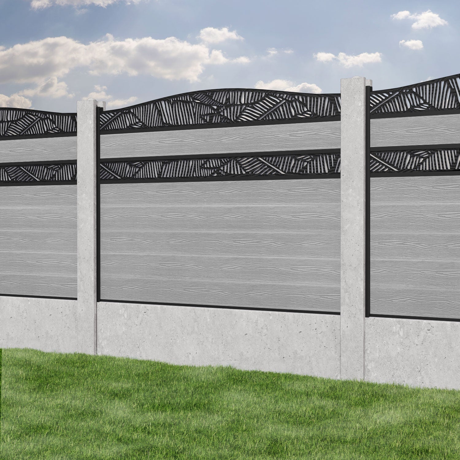 Classic Feather Curved Top Split Screen Fence Panel - Light Grey - for existing concrete posts