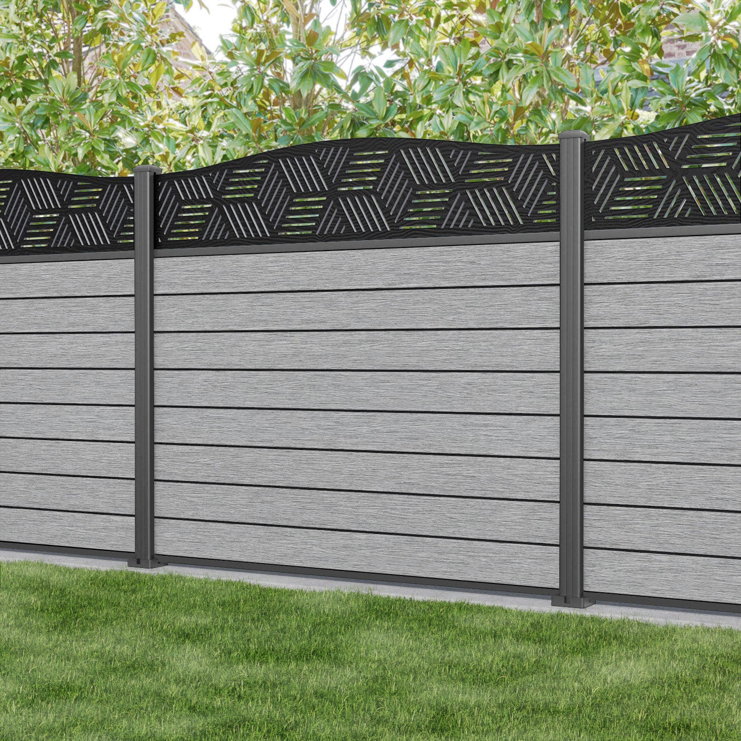 Fusion Cubed Curved Top Fence Panel - Light Grey - with our aluminium posts