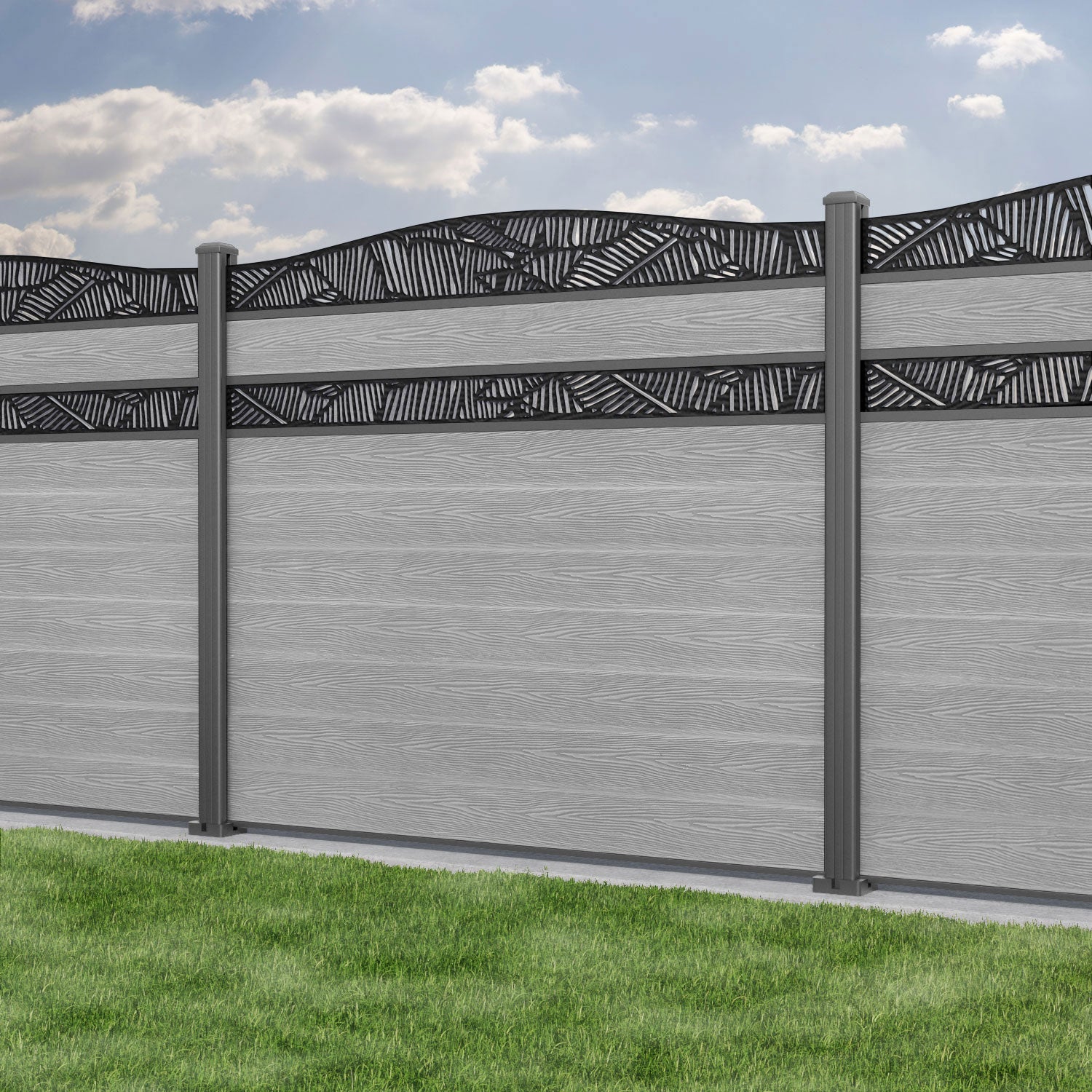 Classic Feather Curved Top Split Screen Fence Panel - Light Grey - with our aluminium posts