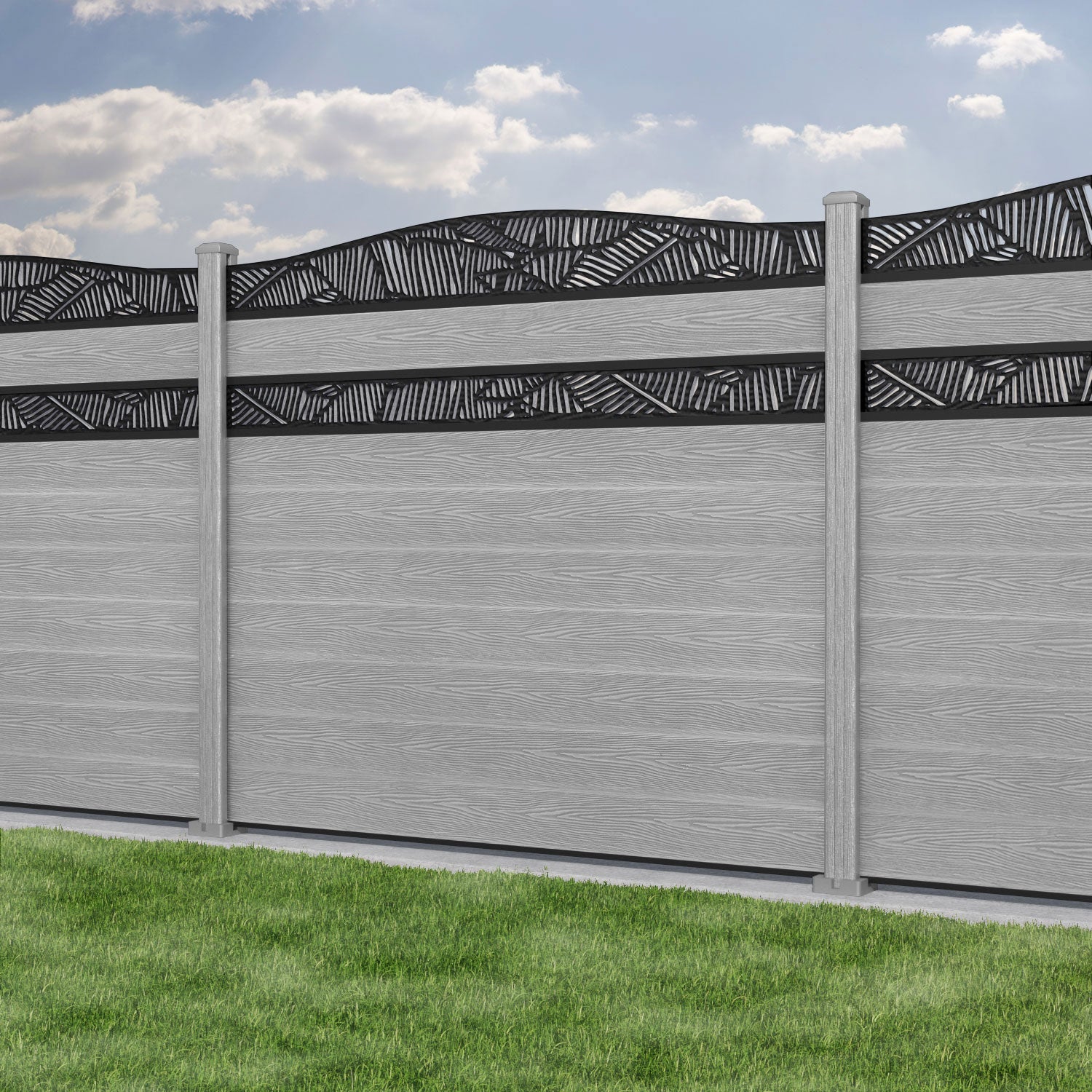 Classic Feather Curved Top Split Screen Fence Panel - Light Grey - with our composite posts