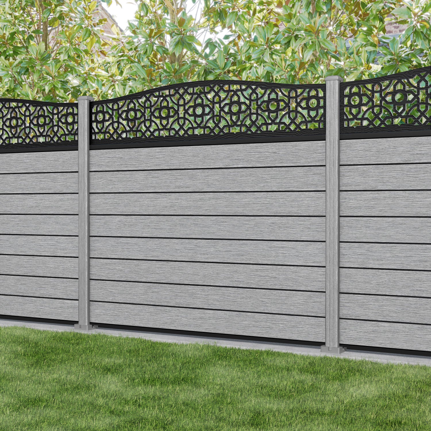 Fusion Nabila Curved Top Fence Panel - Light Grey - with our composite posts