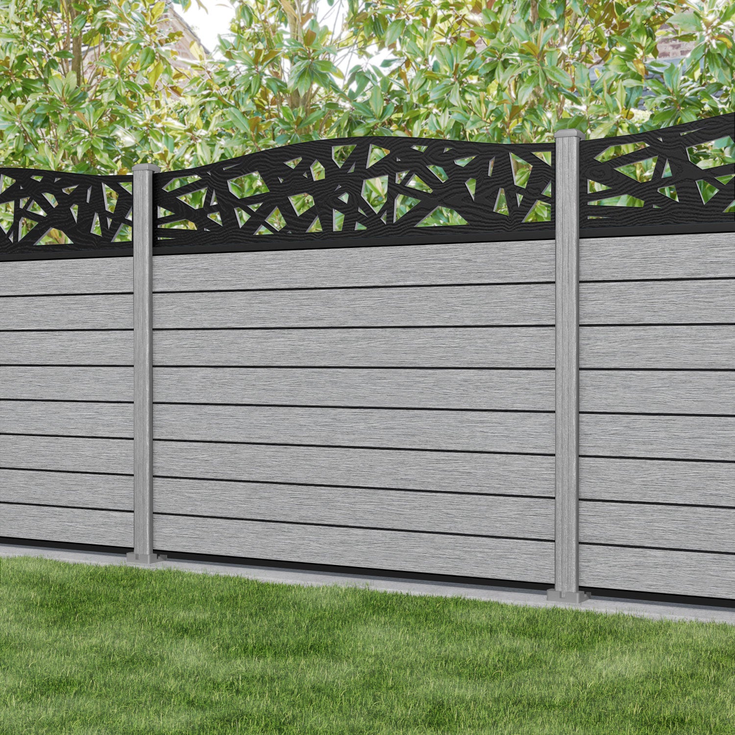 Fusion Prism Curved Top Fence Panel - Light Grey - with our composite posts