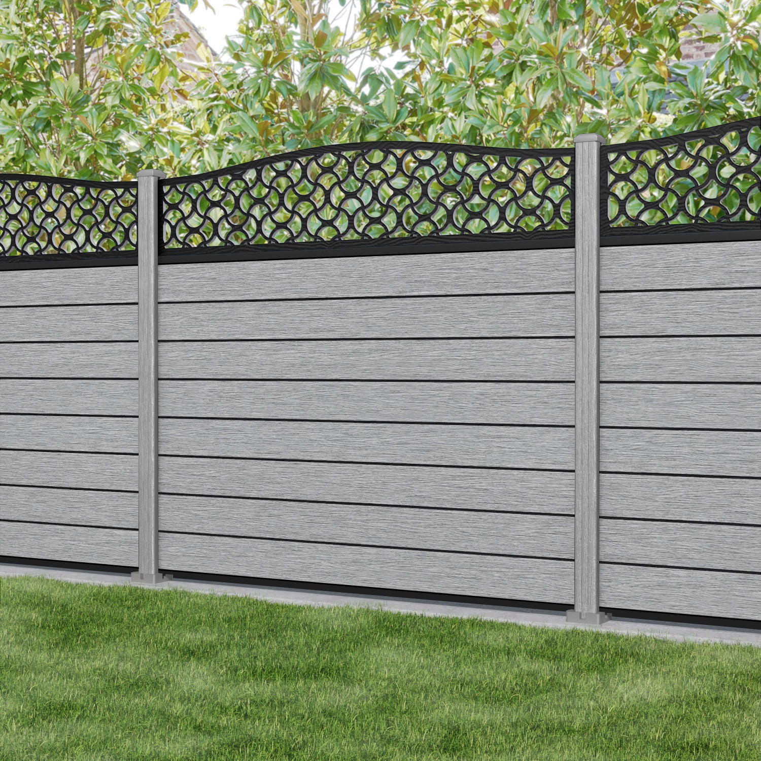 Fusion Vida Curved Top Fence Panel - Light Grey - with our composite posts