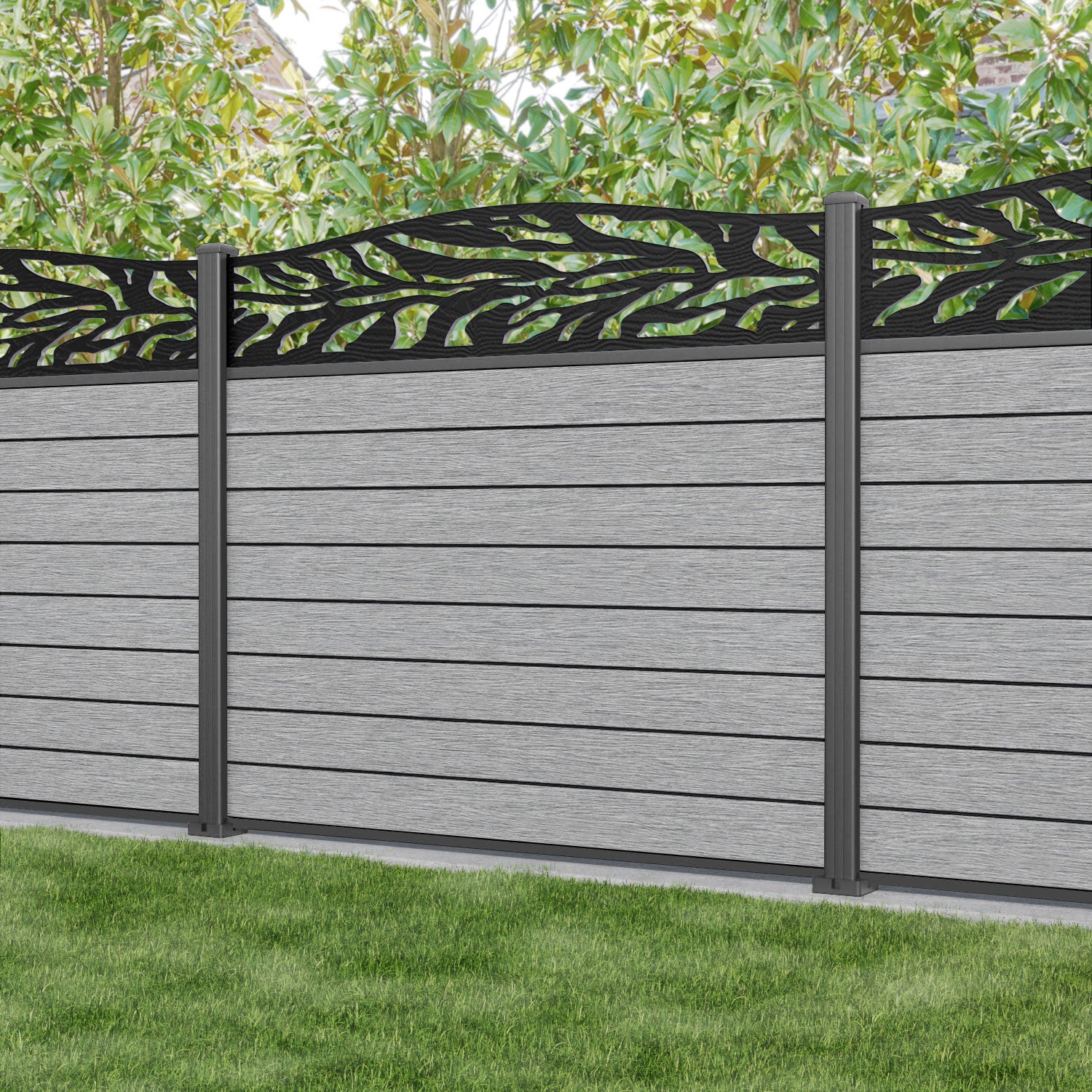 Fusion Malawi Curved Top Fence Panel - Light Grey - with our aluminium posts
