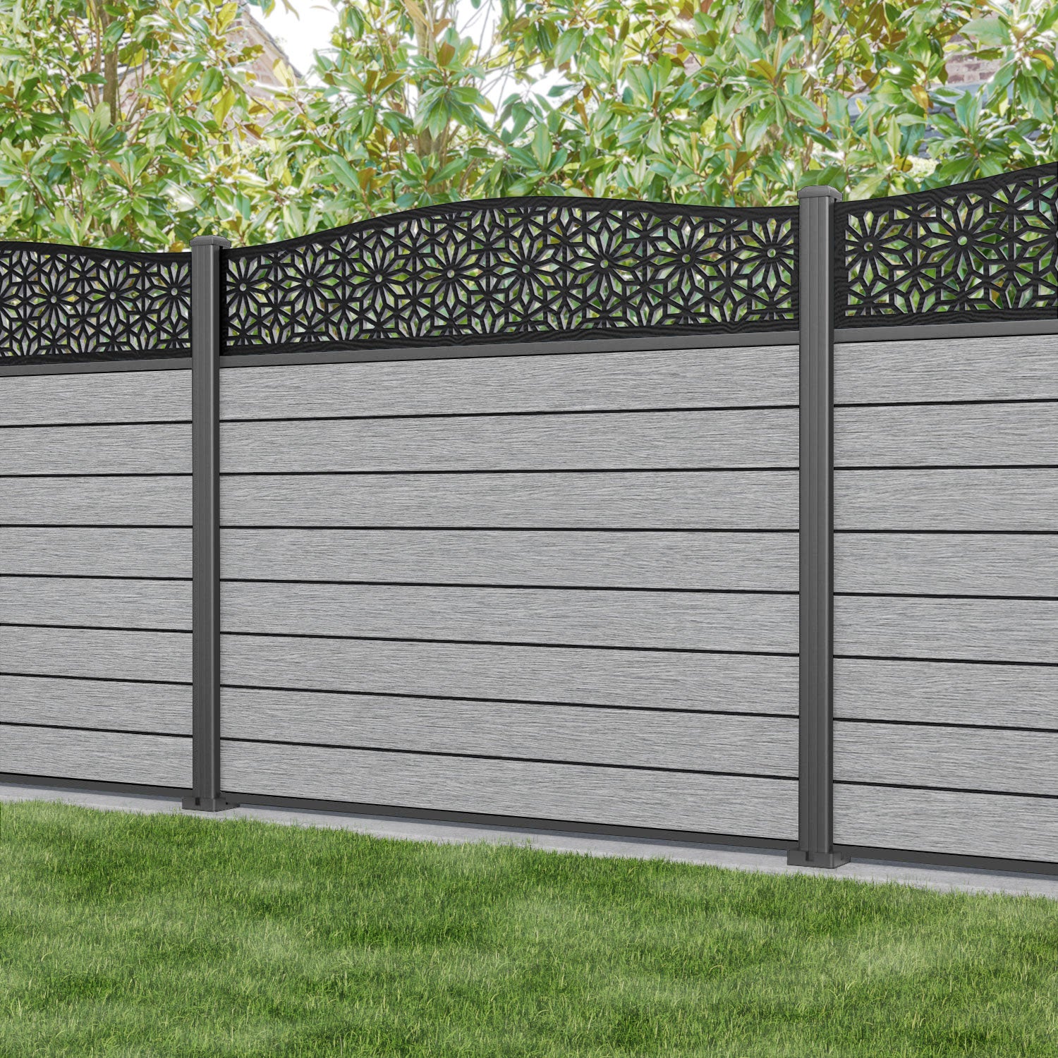 Fusion Narwa Curved Top Fence Panel - Light Grey - with our aluminium posts