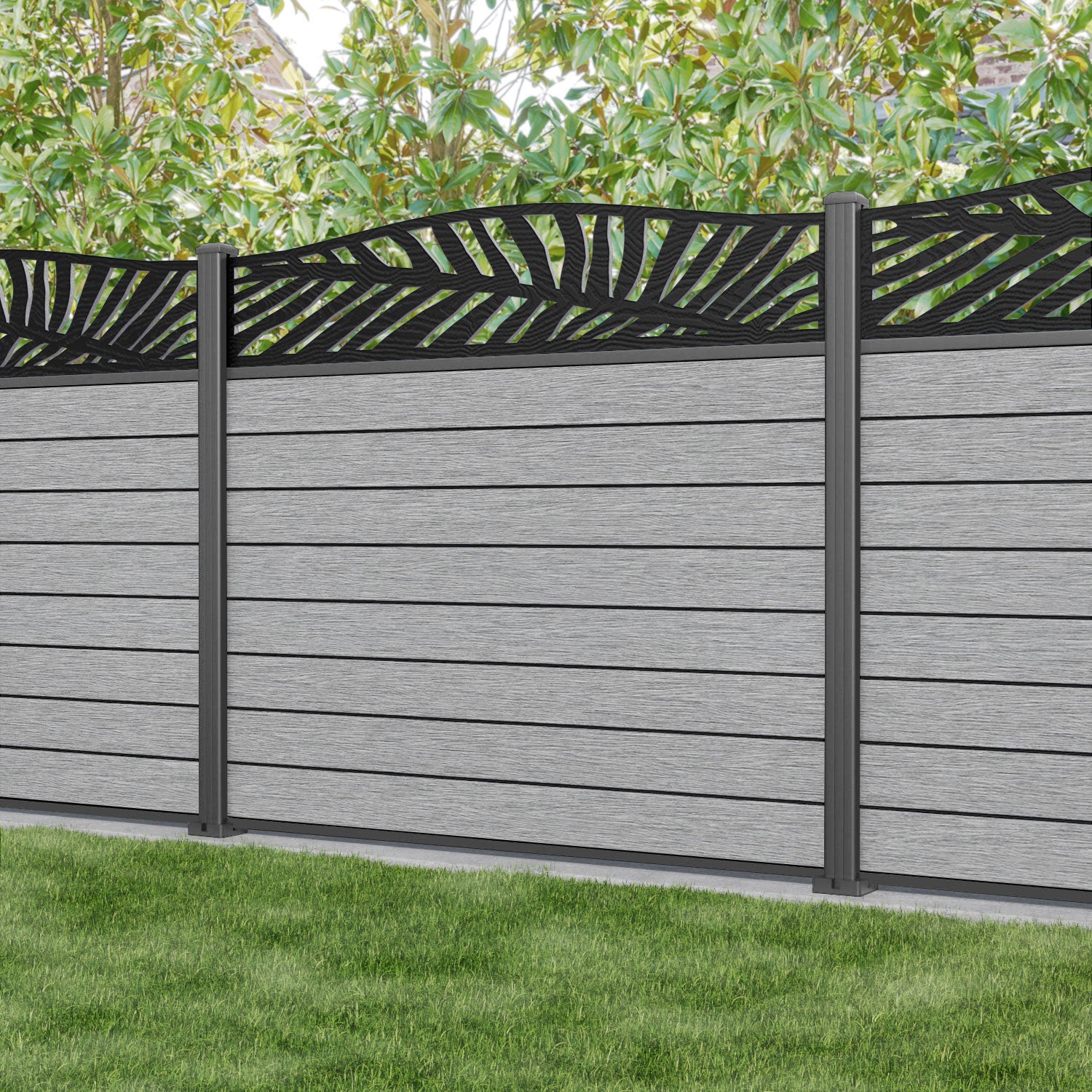 Fusion Palm Curved Top Fence Panel - Light Grey - with our aluminium posts