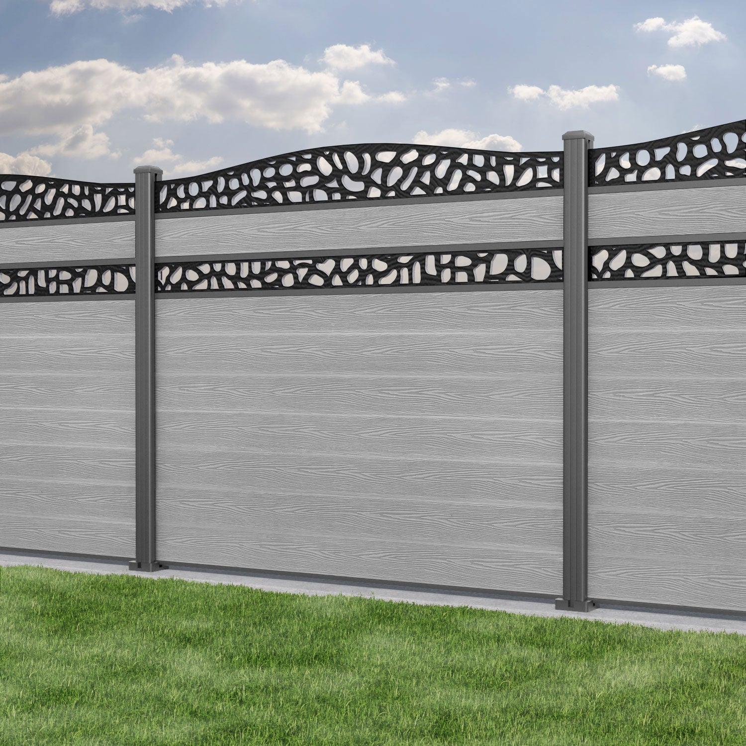 Classic Pebble Curved Top Split Screen Fence Panel - Light Grey - with our aluminium posts