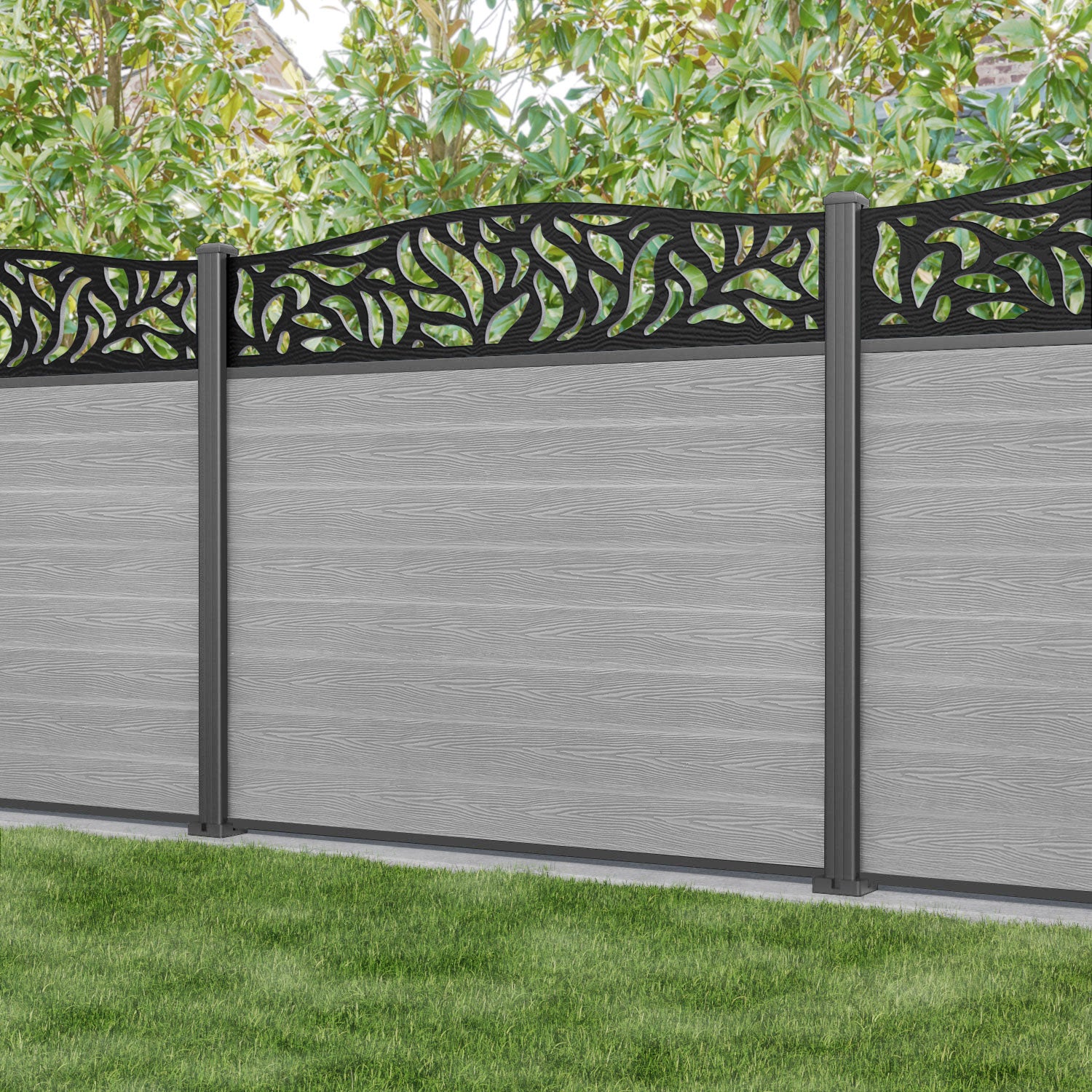Classic Plume Curved Top Fence Panel - Light Grey - with our aluminium posts