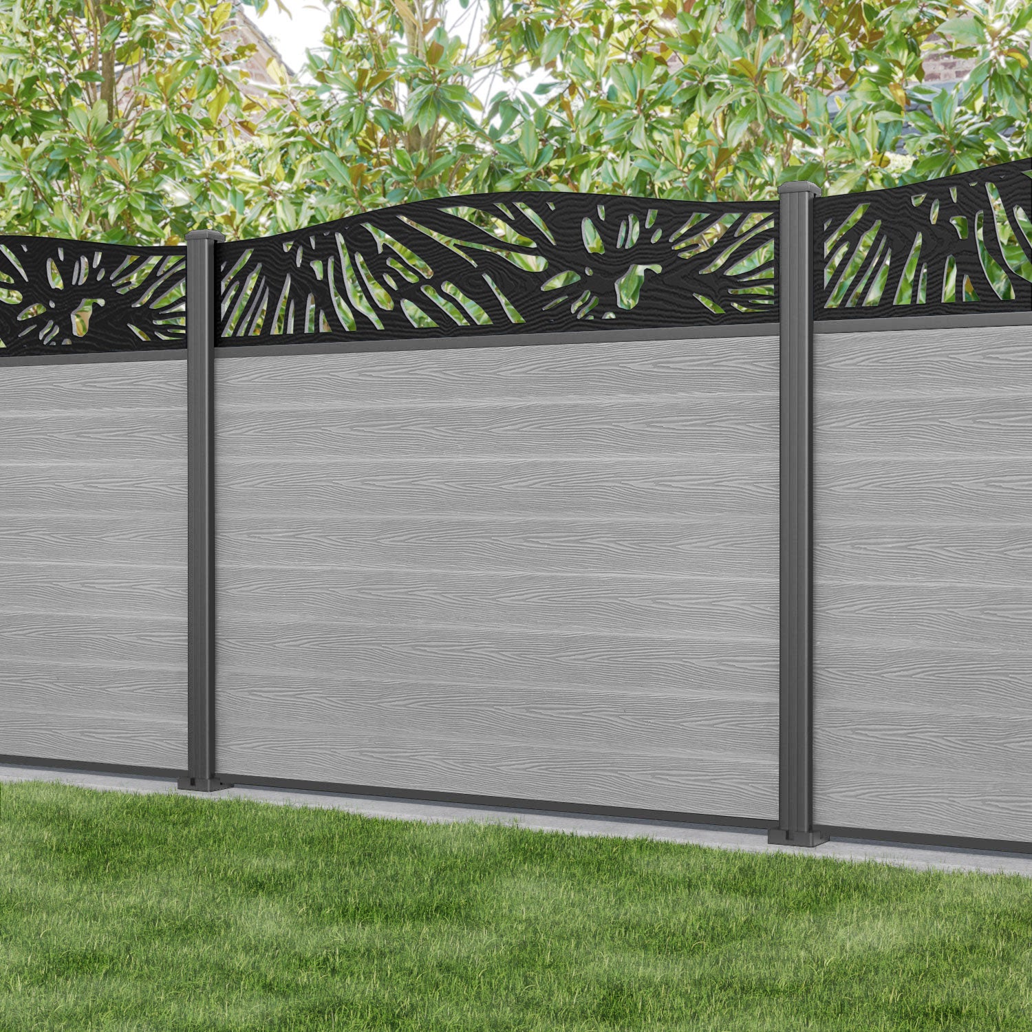 Classic Poppy Curved Top Fence Panel - Light Grey - with our aluminium posts