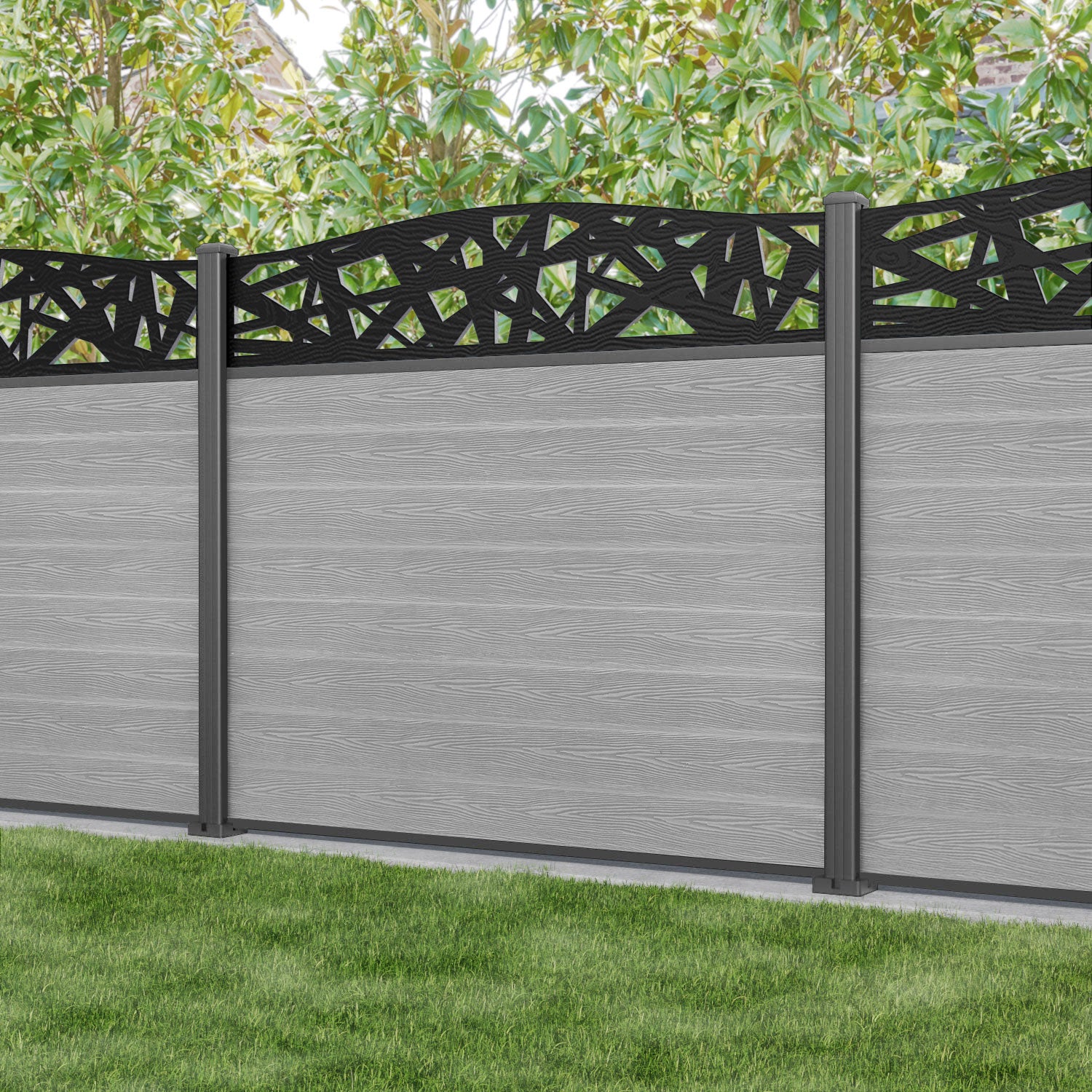Classic Prism Curved Top Fence Panel - Light Grey - with our aluminium posts