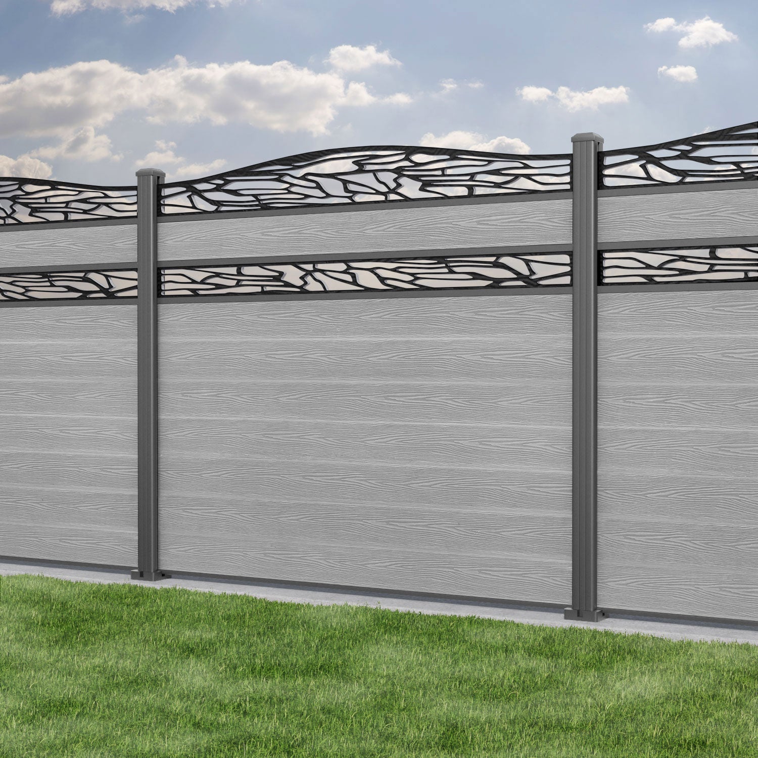 Classic Shatter Curved Top Split Screen Fence Panel - Light Grey - with our aluminium posts