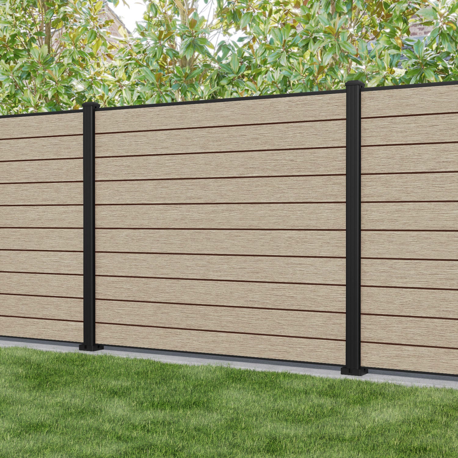Fusion Fence Panel - Light Oak - with our aluminium posts