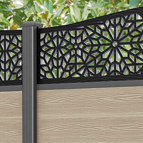 Classic Alnara Curved Top Fence Panel - Light Oak - with our aluminium posts